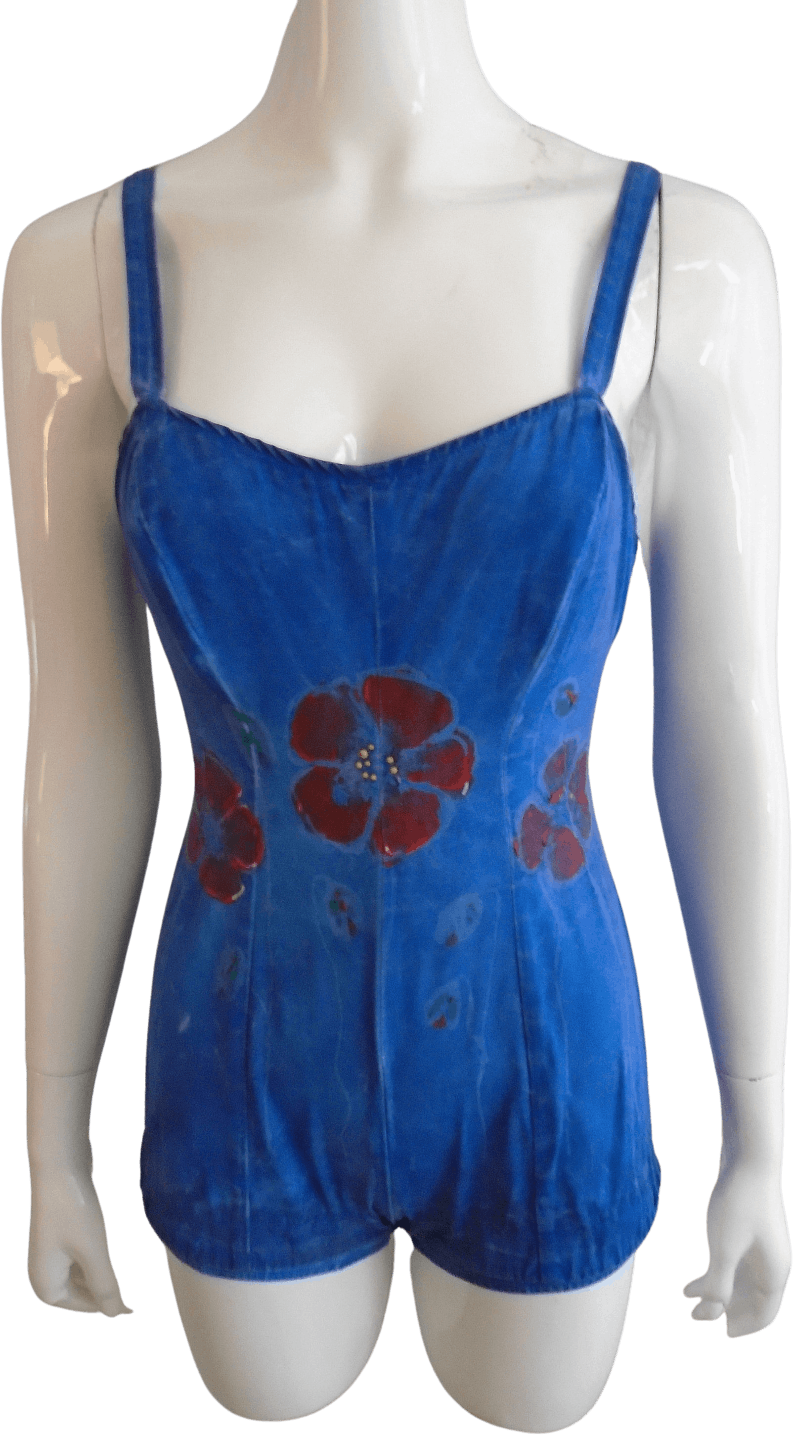 Vintage 50’s Blue One Piece Swimsuit with Hand Painted Red Floral by
