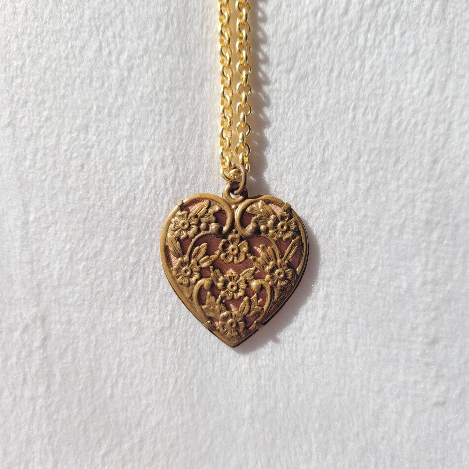 Vintage Pink Locket with Ornate Gold Heart Overlay Necklace | Shop ...