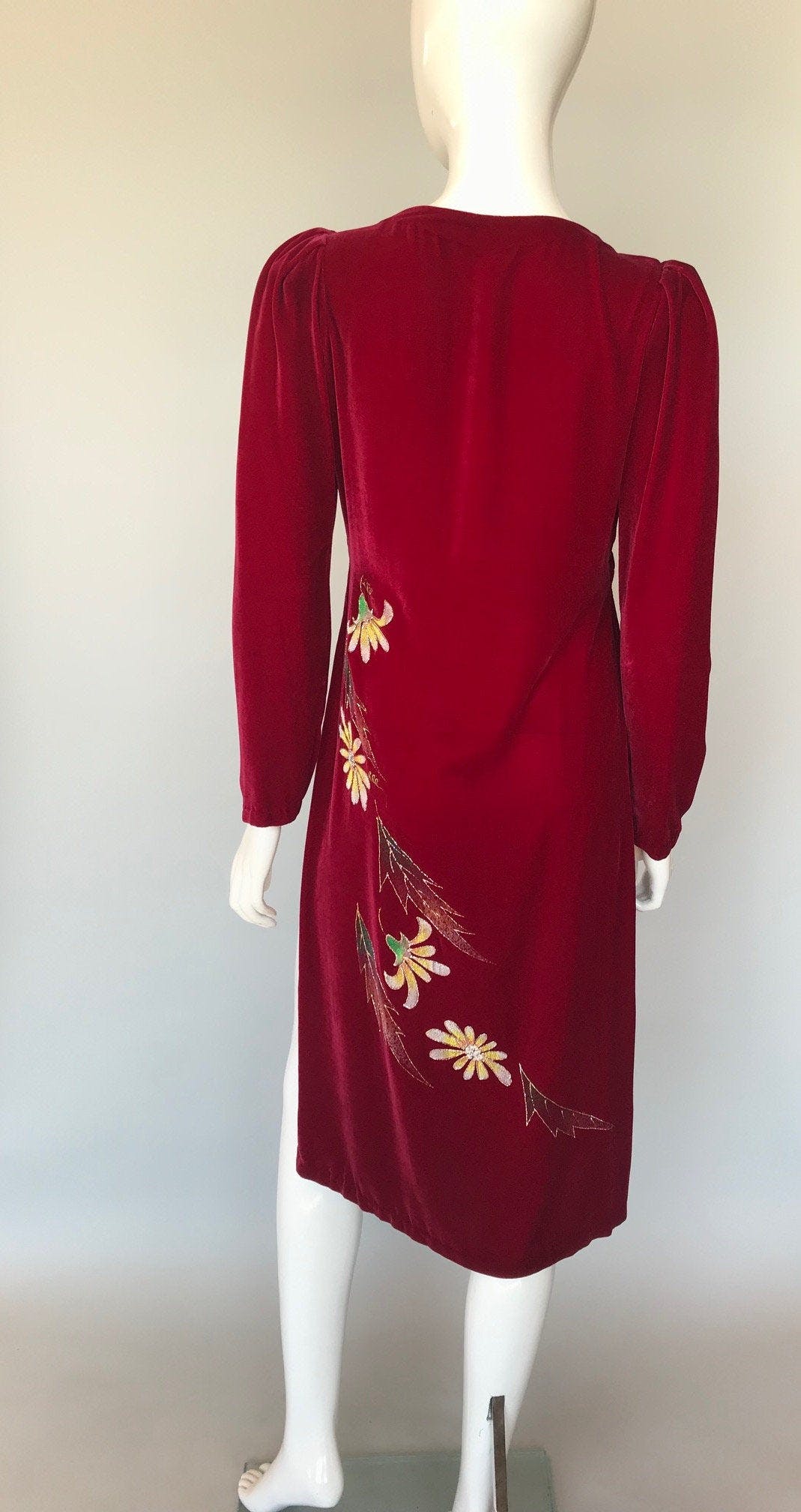 Vintage Deep Red Velvet Floral Open Side Dress | Shop THRILLING