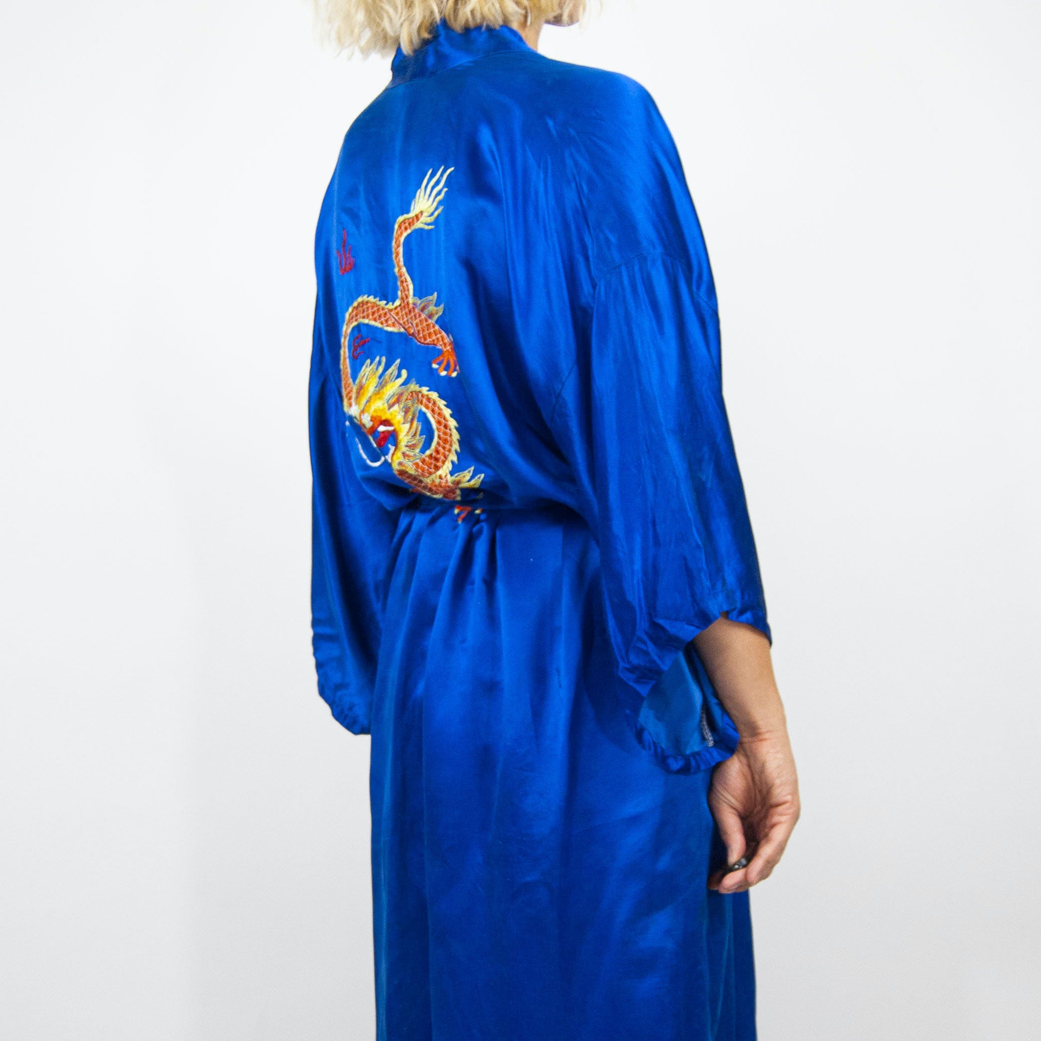 Vintage 80's Cobalt Blue Silk Robe by Golden Dragon | Shop THRILLING