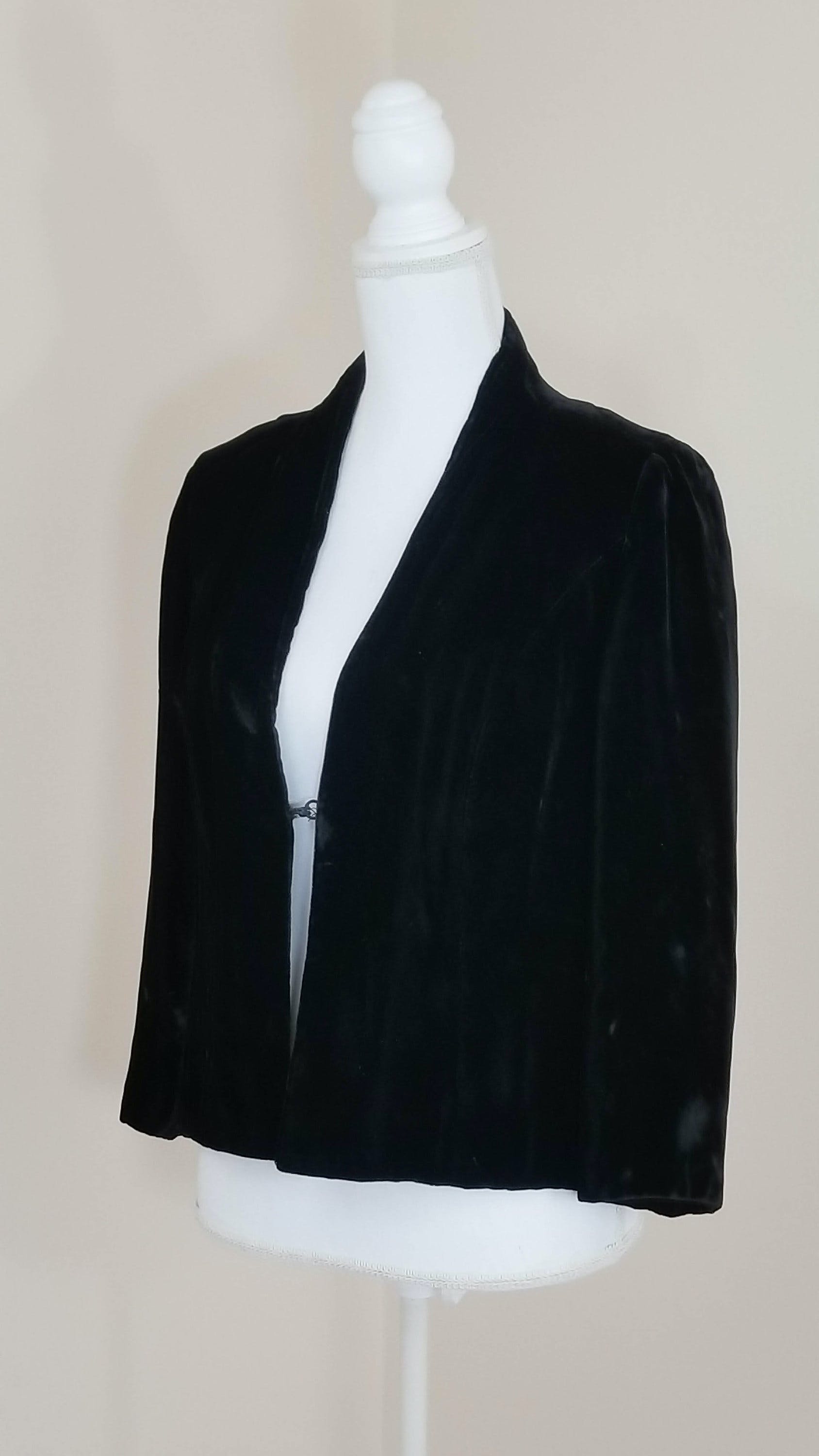 Vintage 40’s Collarless Black Velvet Hook Closure Jacket by Sandra Sage ...