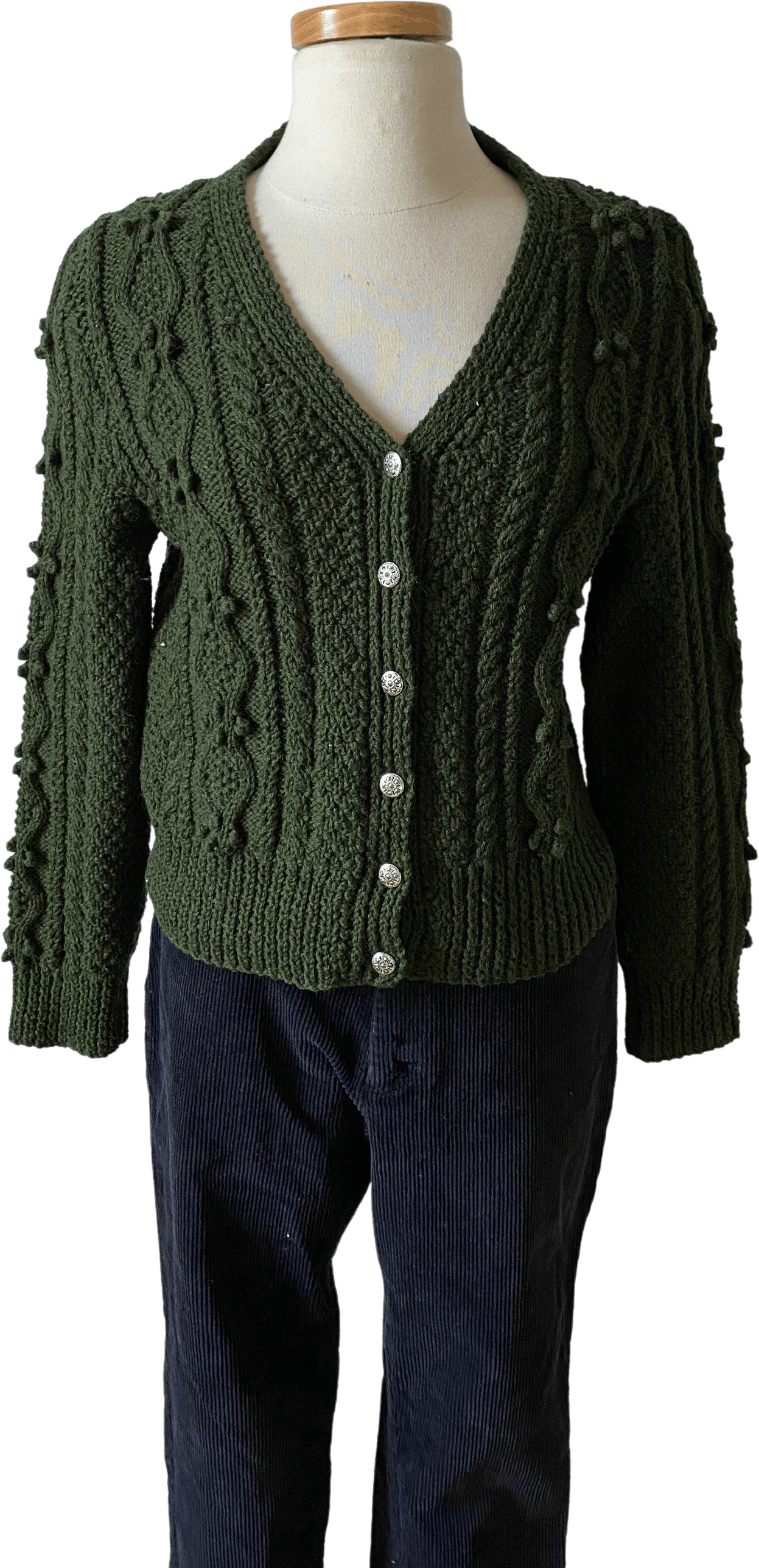 Vintage 60's Hand Knit Green Cardigan Shop THRILLING