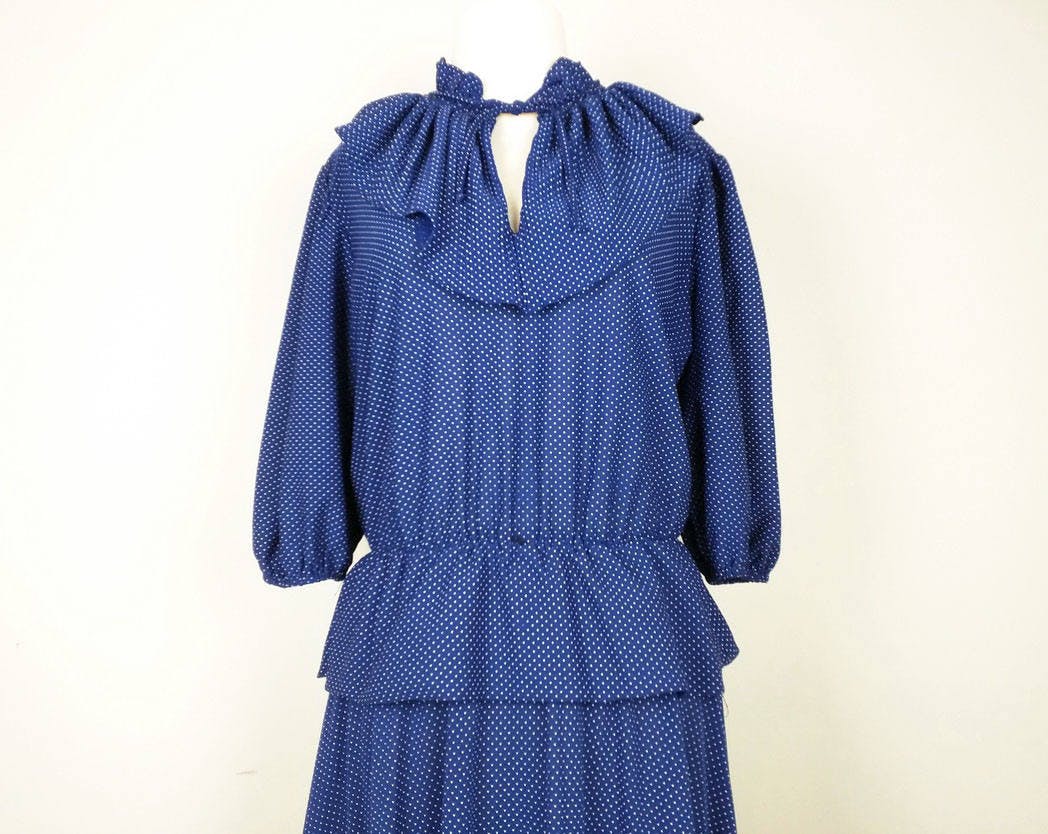 Vintage 80's Navy Blue White Polka Dot Tie Neck Dress by Promises ...