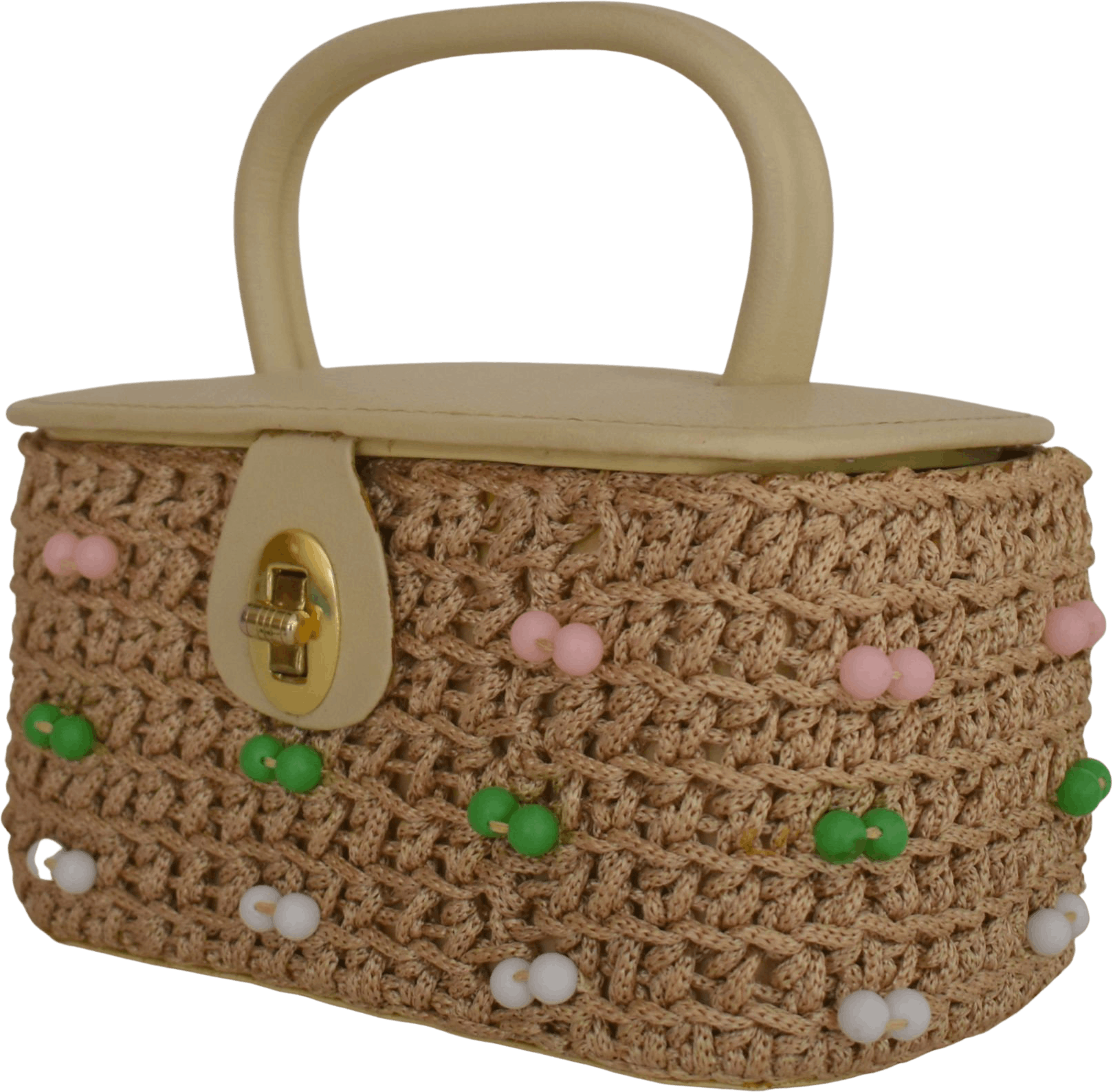 Vintage 60’s Beige Woven Macrame and Faux Leather Top Handle Box Bag ...