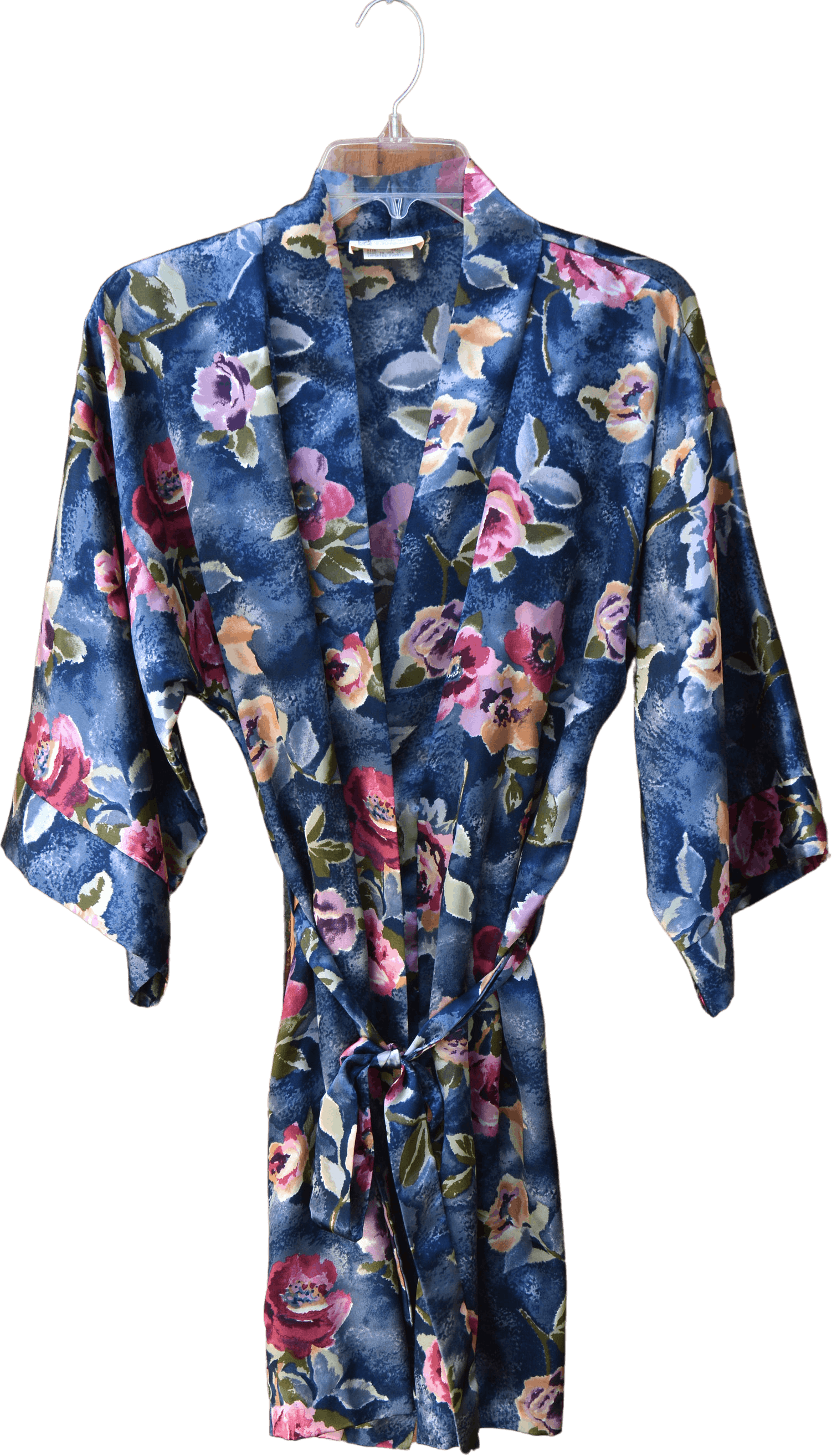 Vintage 90’s Blue Satin Rose Print Robe by California Dynasty Shop
