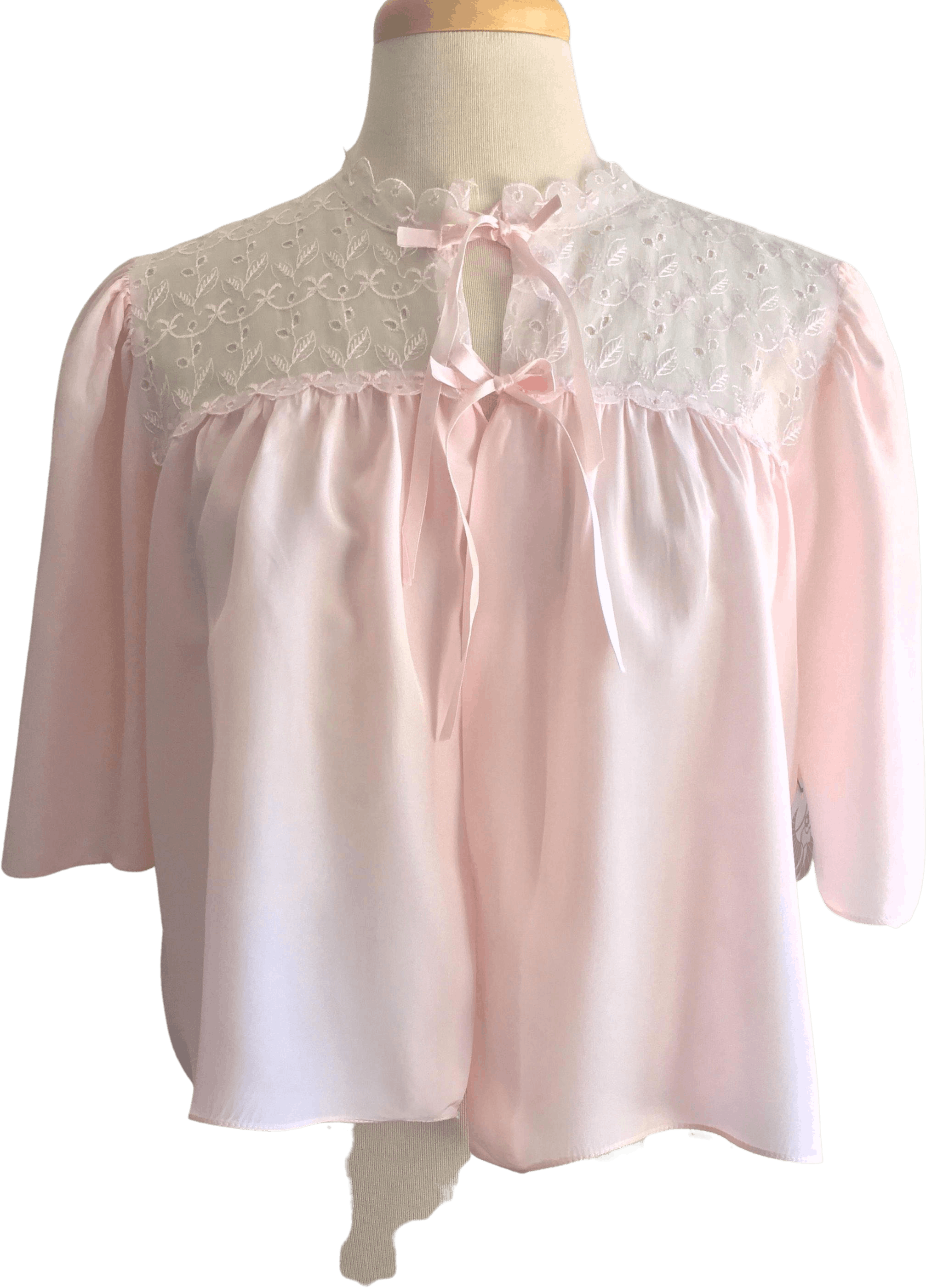 Vintage 60's Pink Bed Jacket with Embroidered Eyelet Lace Chiffon