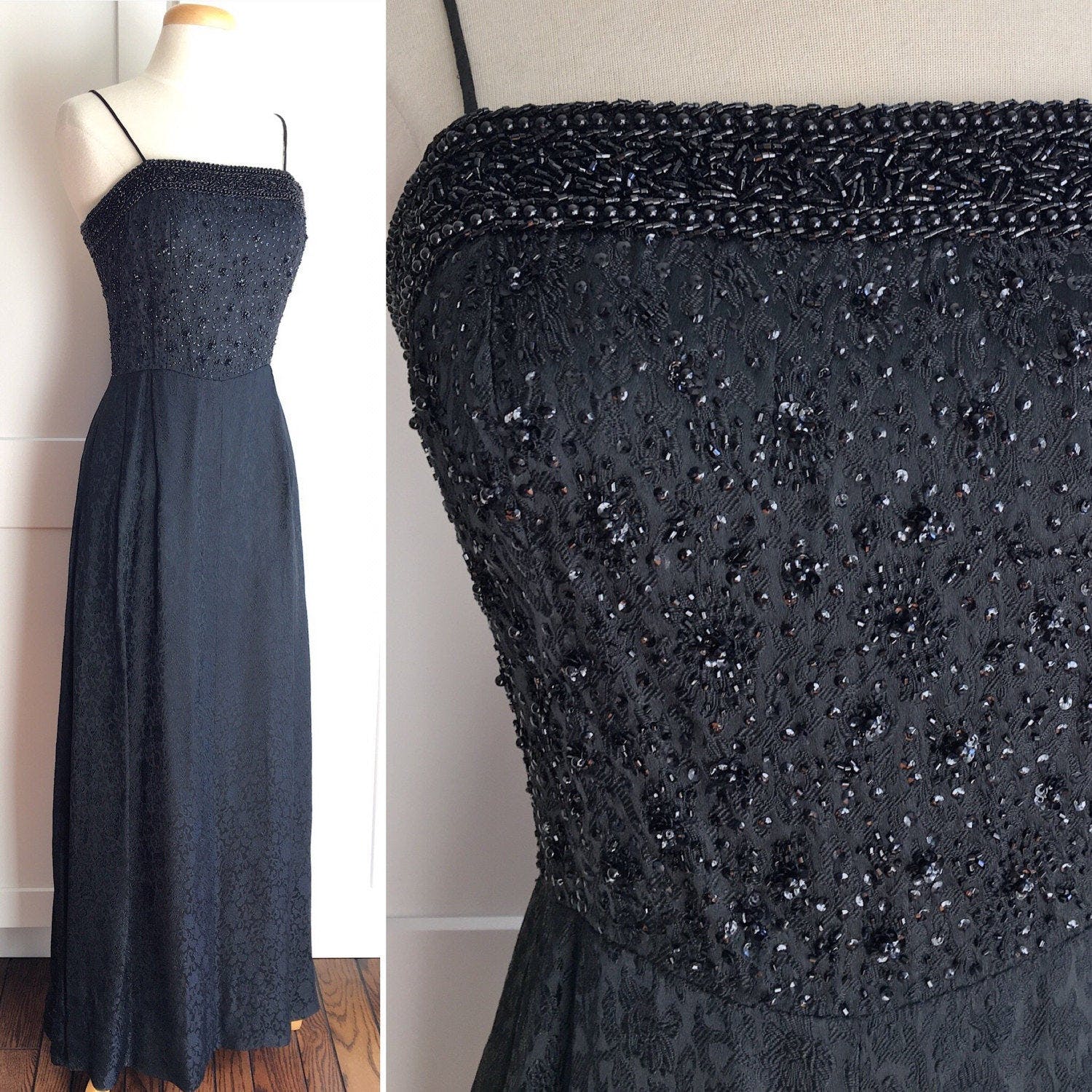 Vintage 60's Black Beaded Brocade Evening Gown | Shop THRILLING