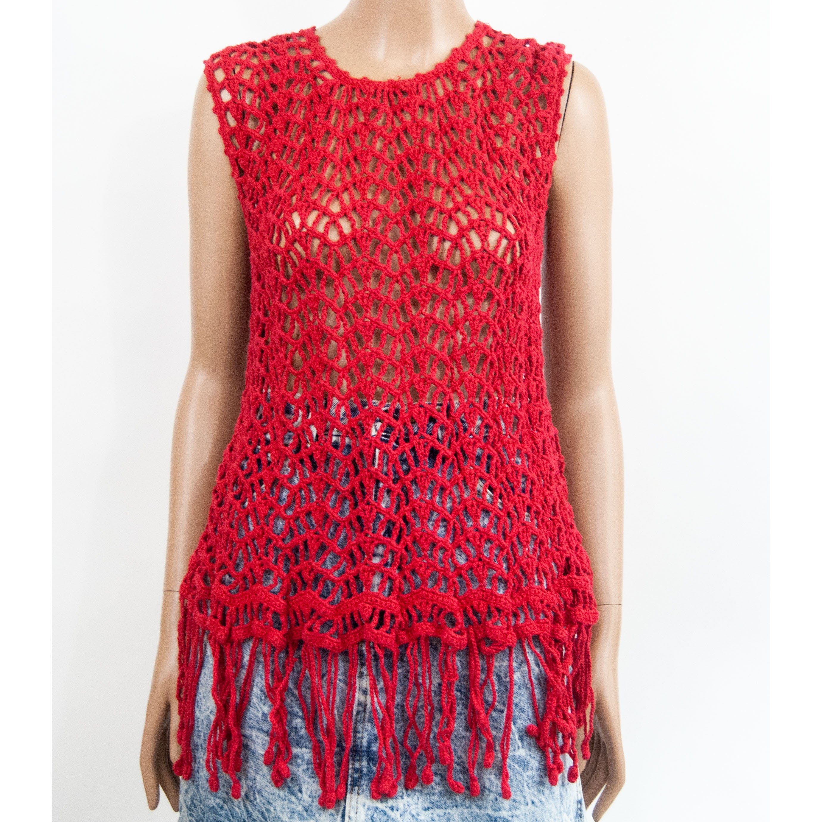 Vintage 90's Bright Red Crochet Fringe Tank by Effeci | Shop THRILLING