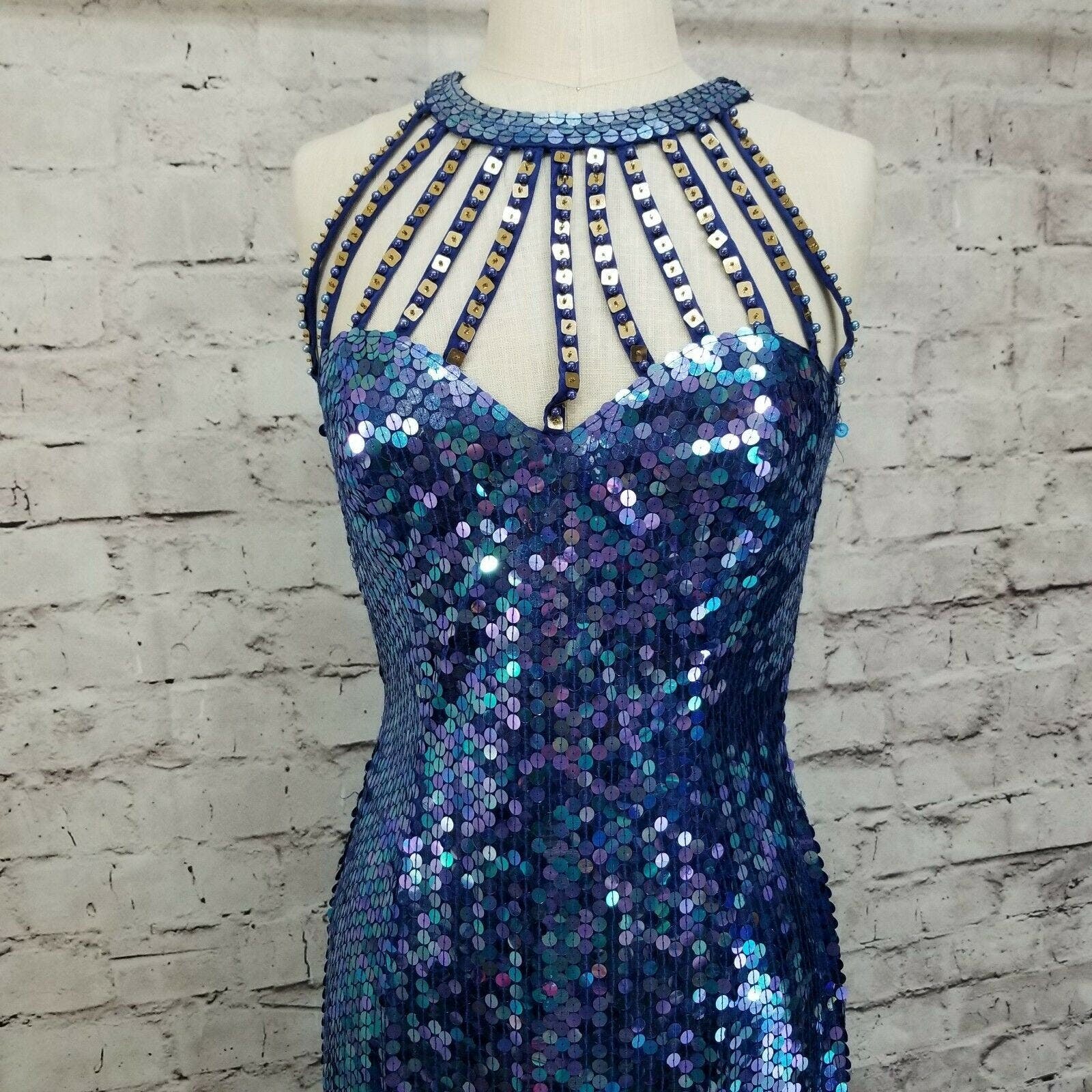 Vintage Blue Sequin Mock Neck Formal Dress by Peak Evenings | Shop ...