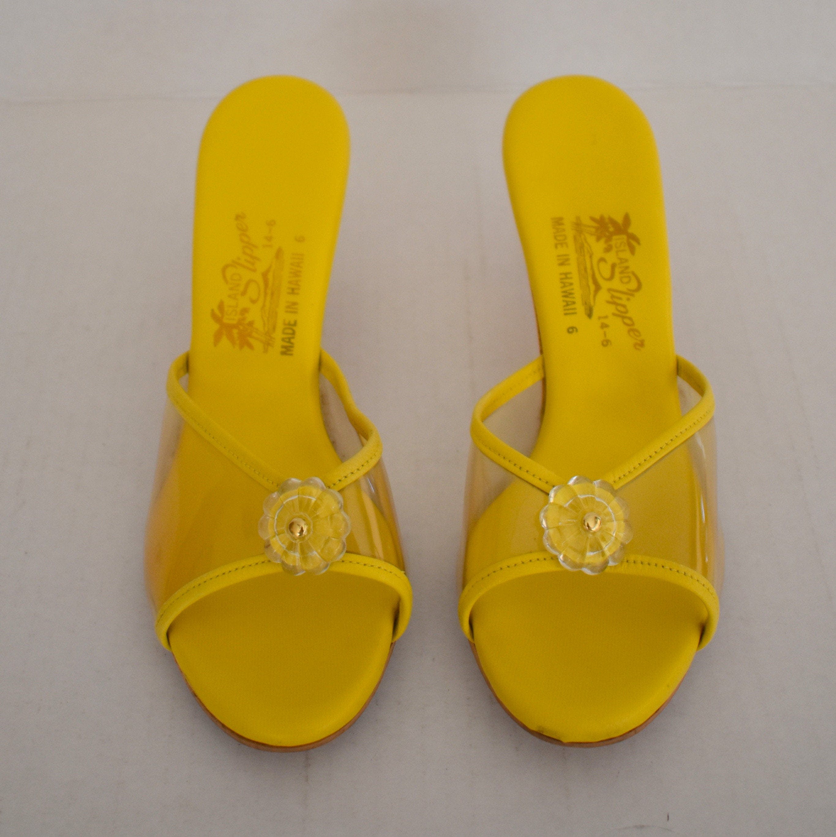 Vintage Yellow Vegan Faux Leather and Vinyl Shoes with Wood Kitten