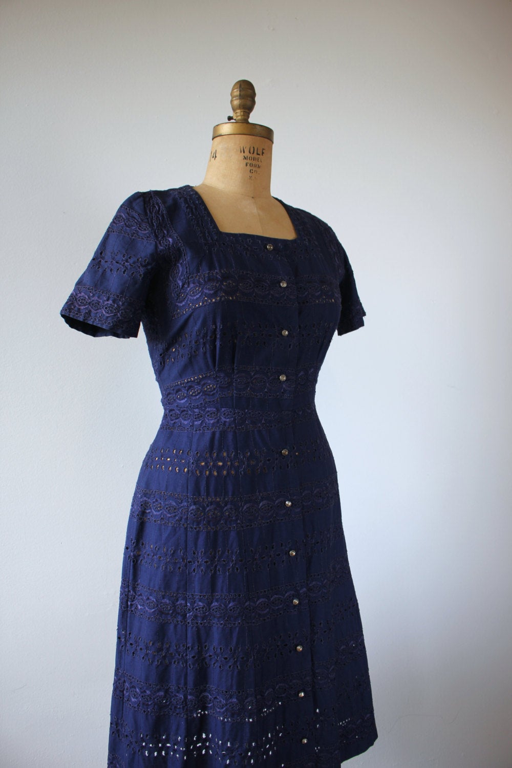 Vintage 40's Navy Blue Eyelet Dress with Rhinestone Buttons