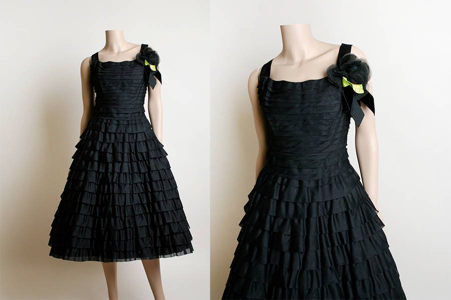 Vintage 50s Dress Black Tiered Ruffle Cocktail Party Dress with Flower ...