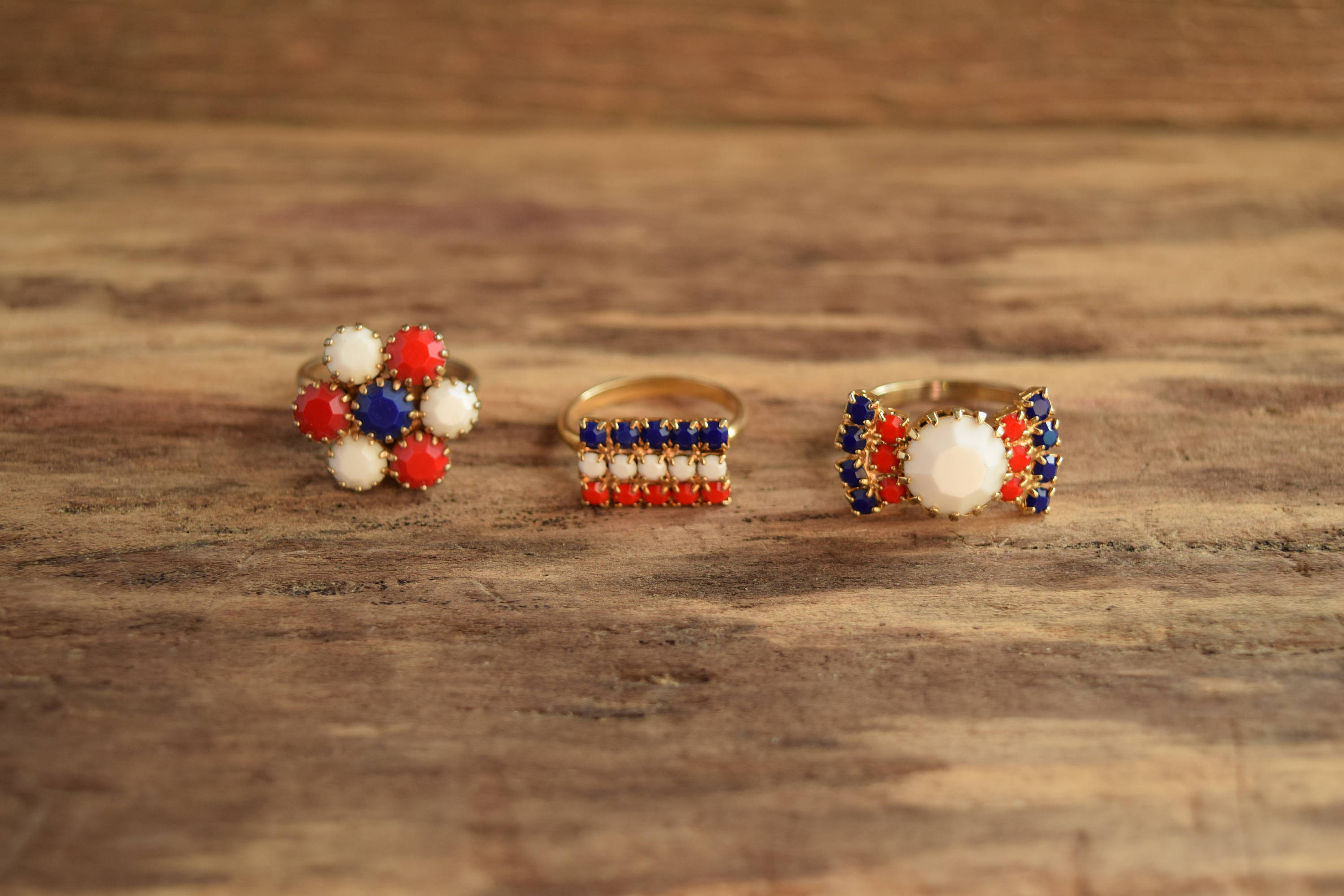 Vintage Red White and Blue Rhinestone Rings | Shop THRILLING