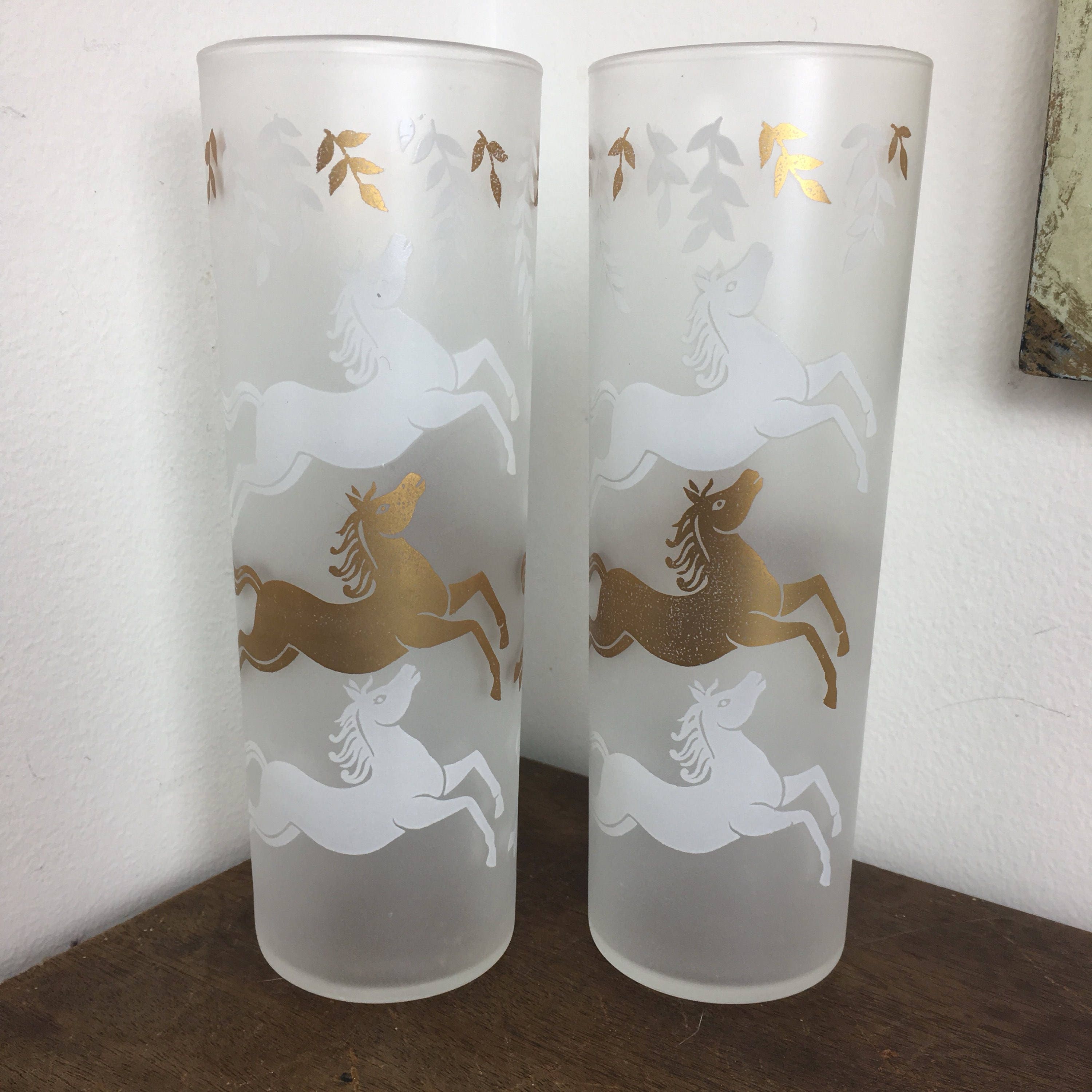 Libbey Cavalcade Glasses Vintage Frosted Iced Tea Glasses with Gold an