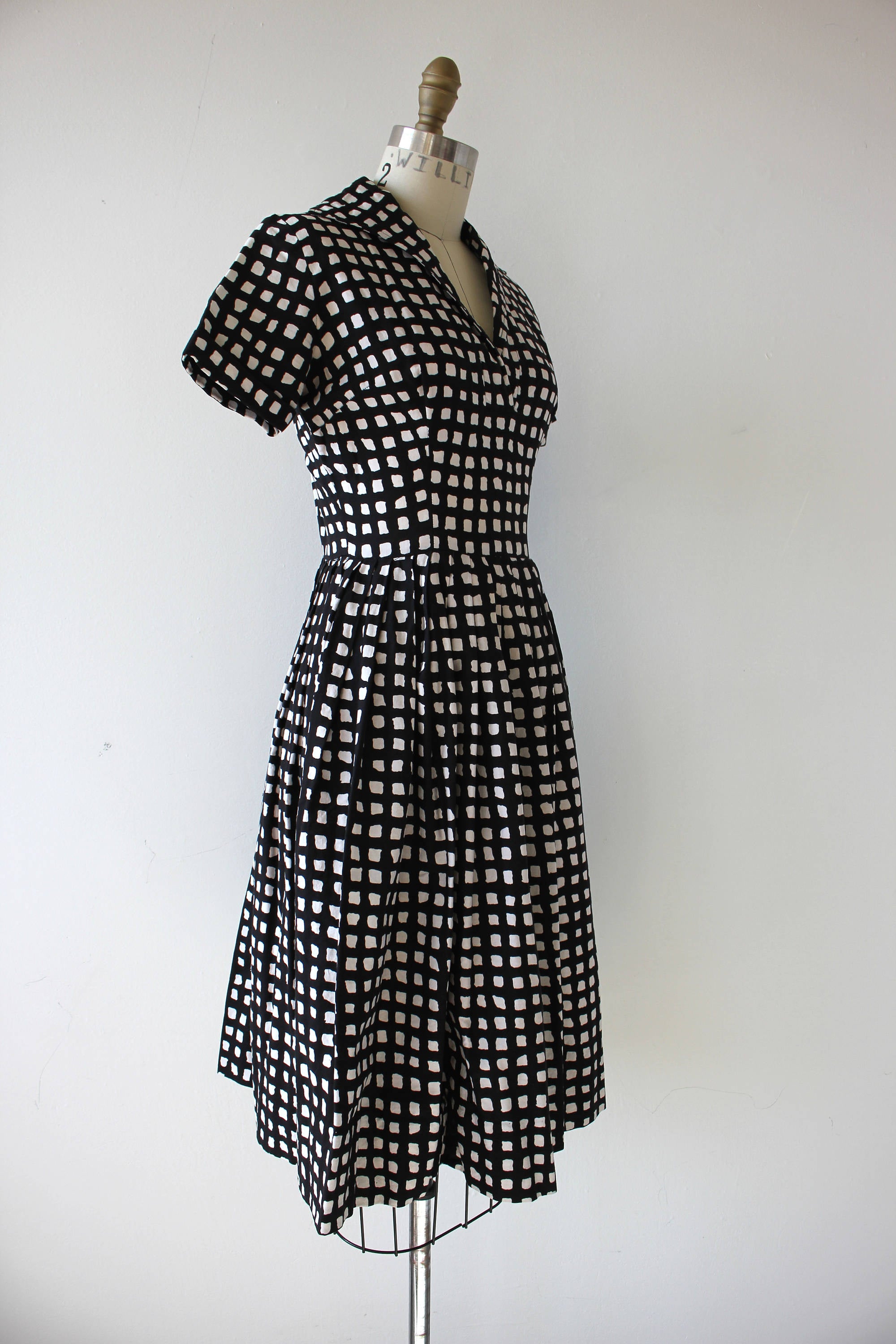 Vintage 50's Black and White Windowpane Checker Print Shirt Dress by ...