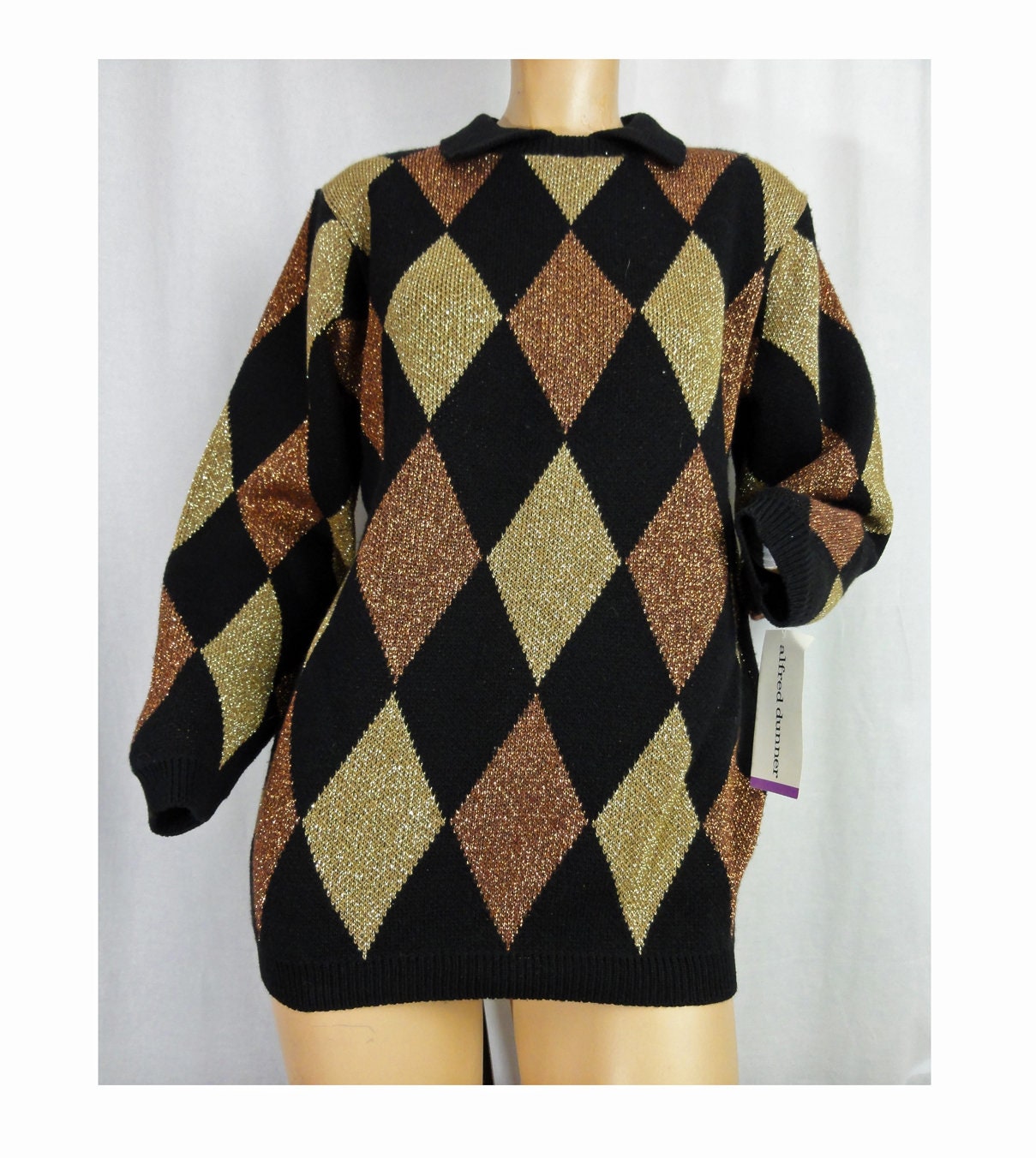 Vintage 80’s Metallic Glitter Diamond Pattern Pullover Tunic Sweater ...