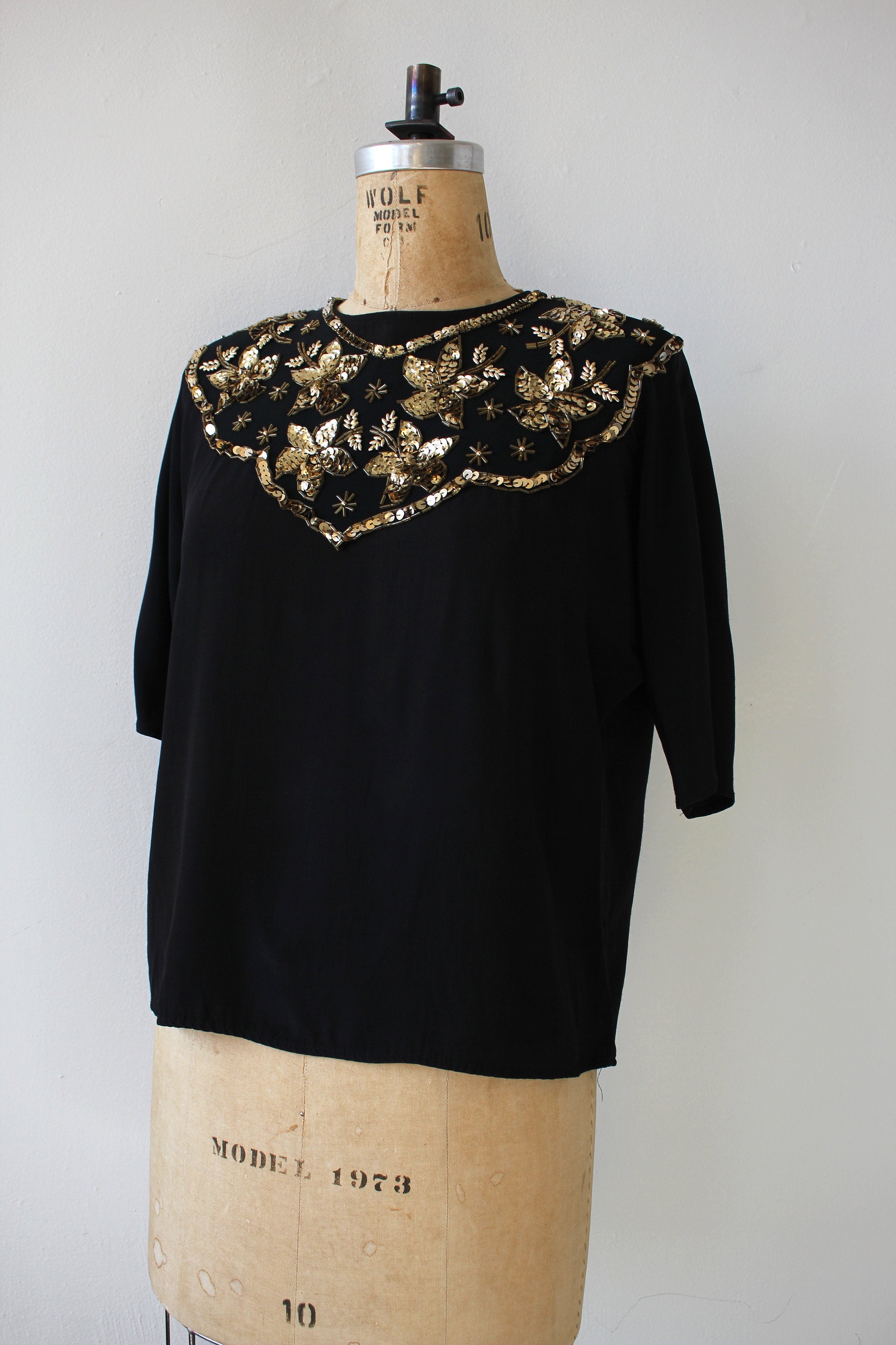 Vintage 80's Black Dolman Sleeve Blouse with Gold Sequin Neckline by ...