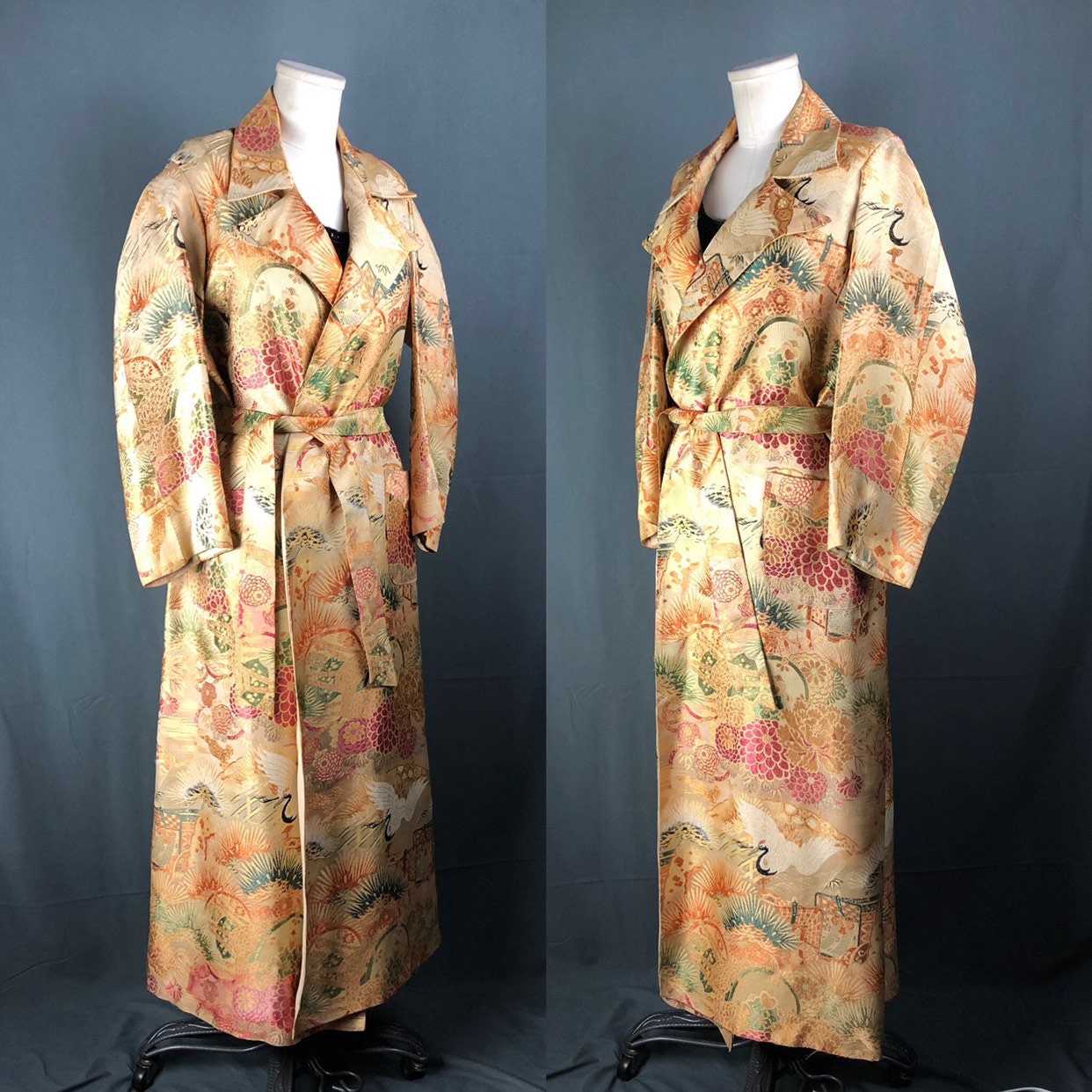 Vintage 40’s Ivory White and Gold Silk Brocade Robe with Embroidered ...