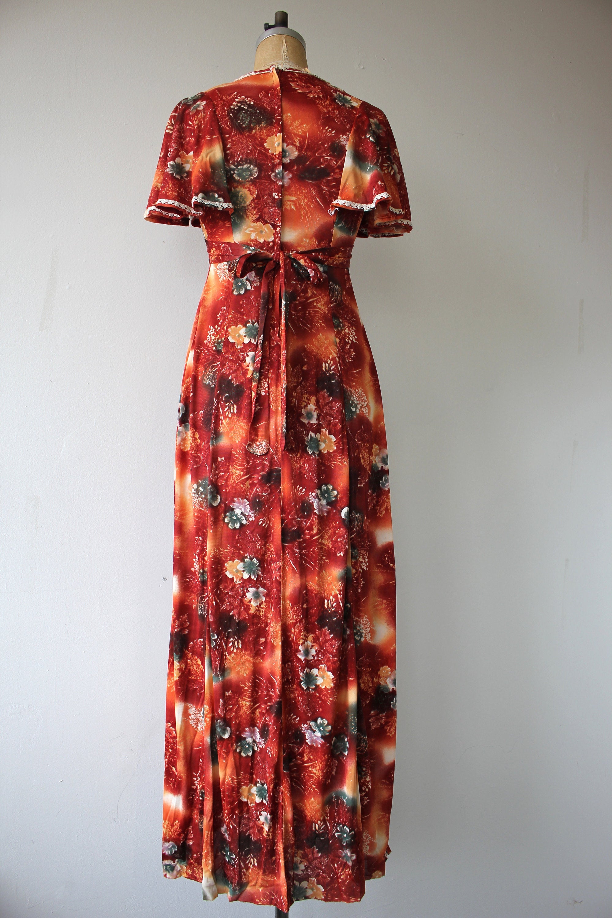 Vintage 70's Burnt Orange Floral Maxi Short Sleeve Dress by Made in ...