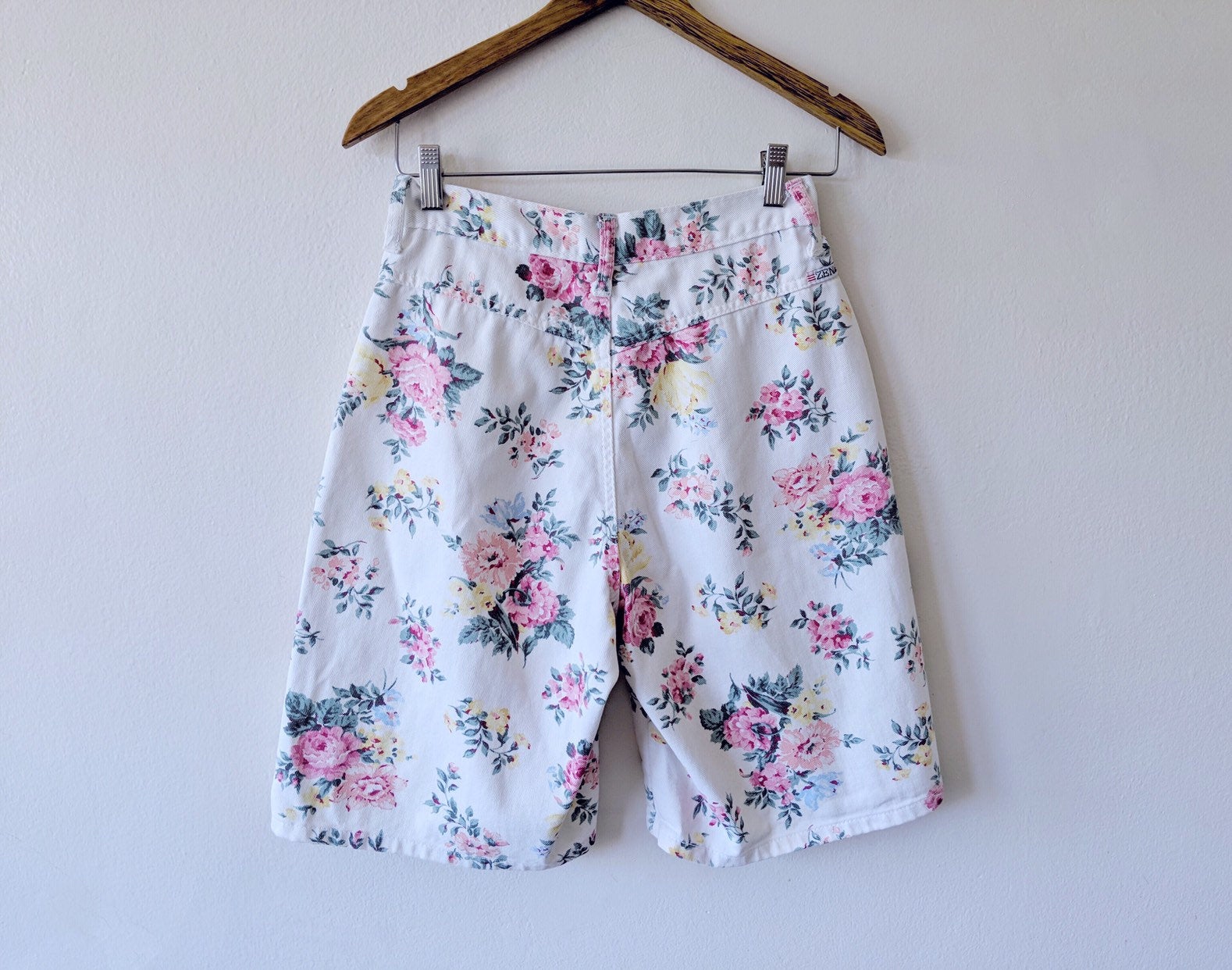 Vintage 80's High Waisted Pink Floral White Denim Bermuda Shorts by ...