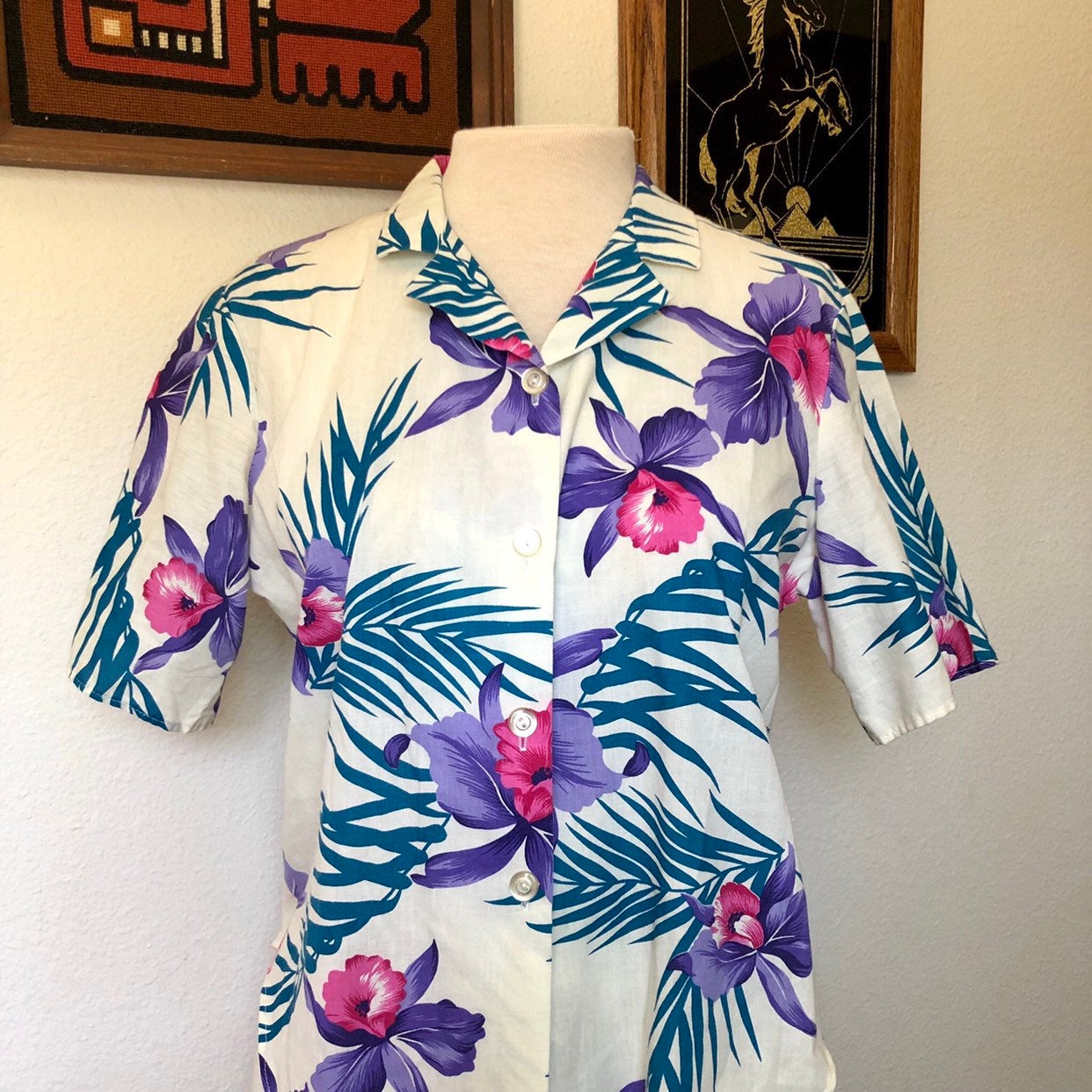 Vintage 80’s White Button Up Floral Pattern by Lori Li’s California ...