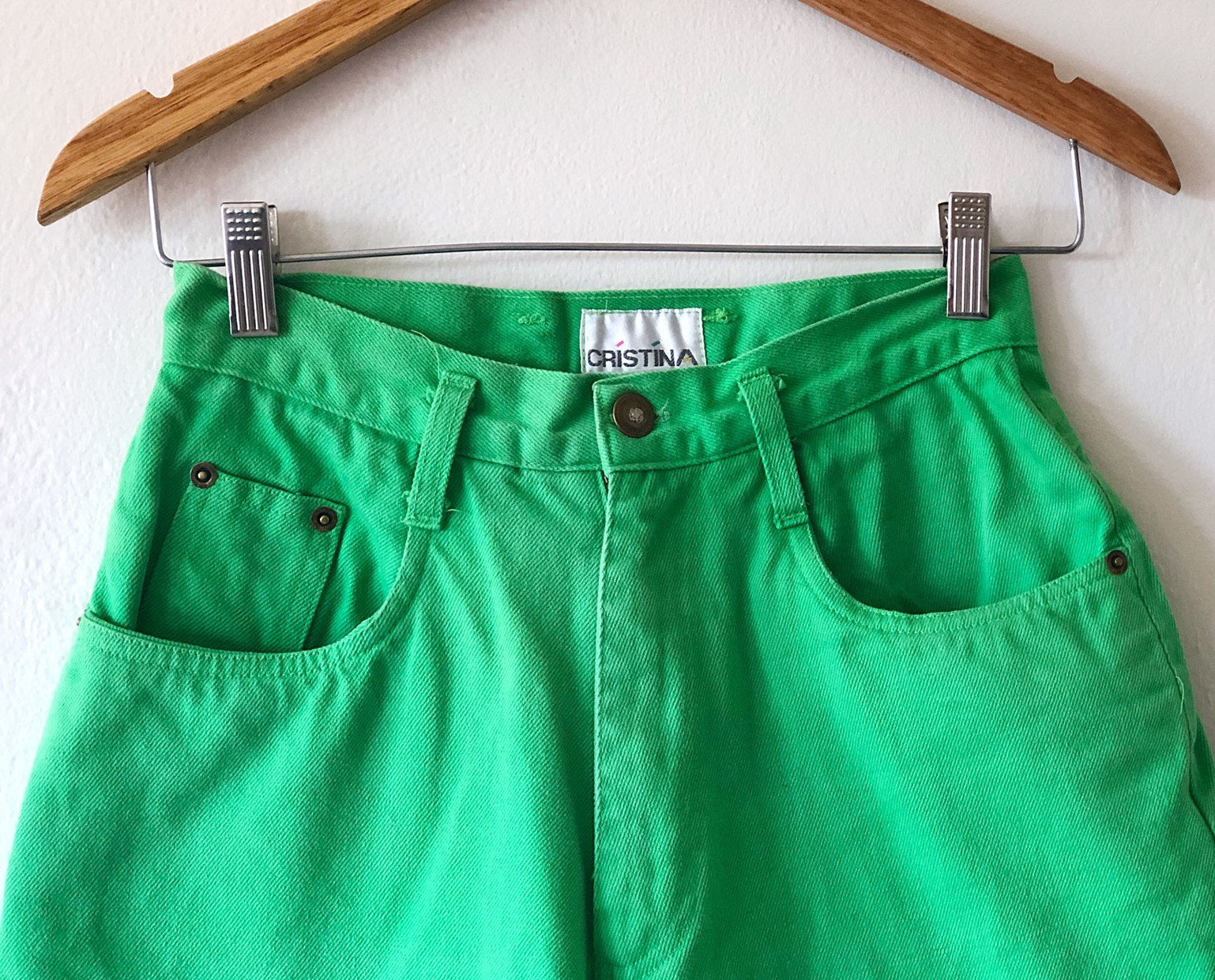 Vintage 90's High Waisted Slime Green Denim Shorts by Cristina | Shop ...