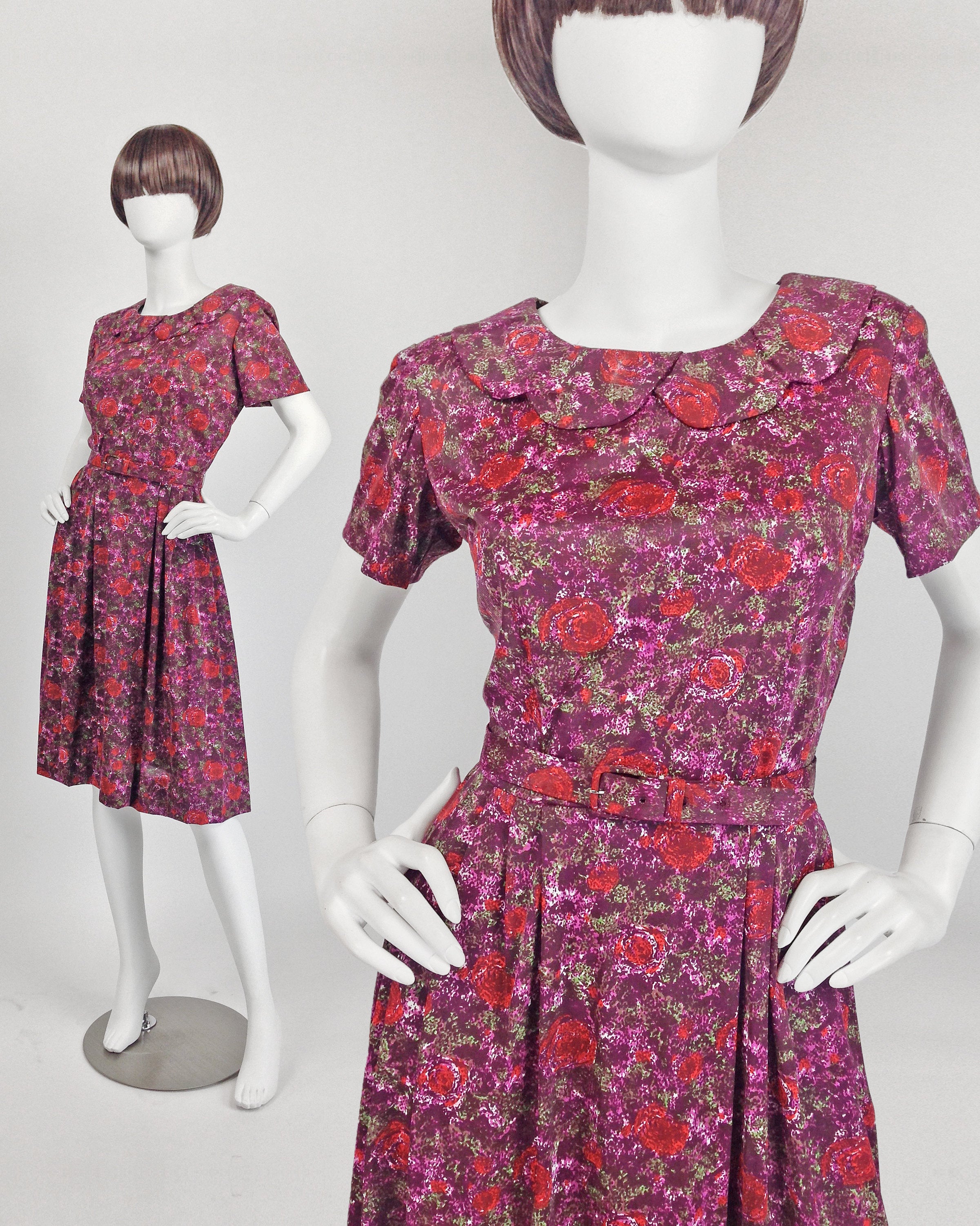 Vintage 50’s 60’s Floral Peter Pan Collar Belted Dress by Colonial ...