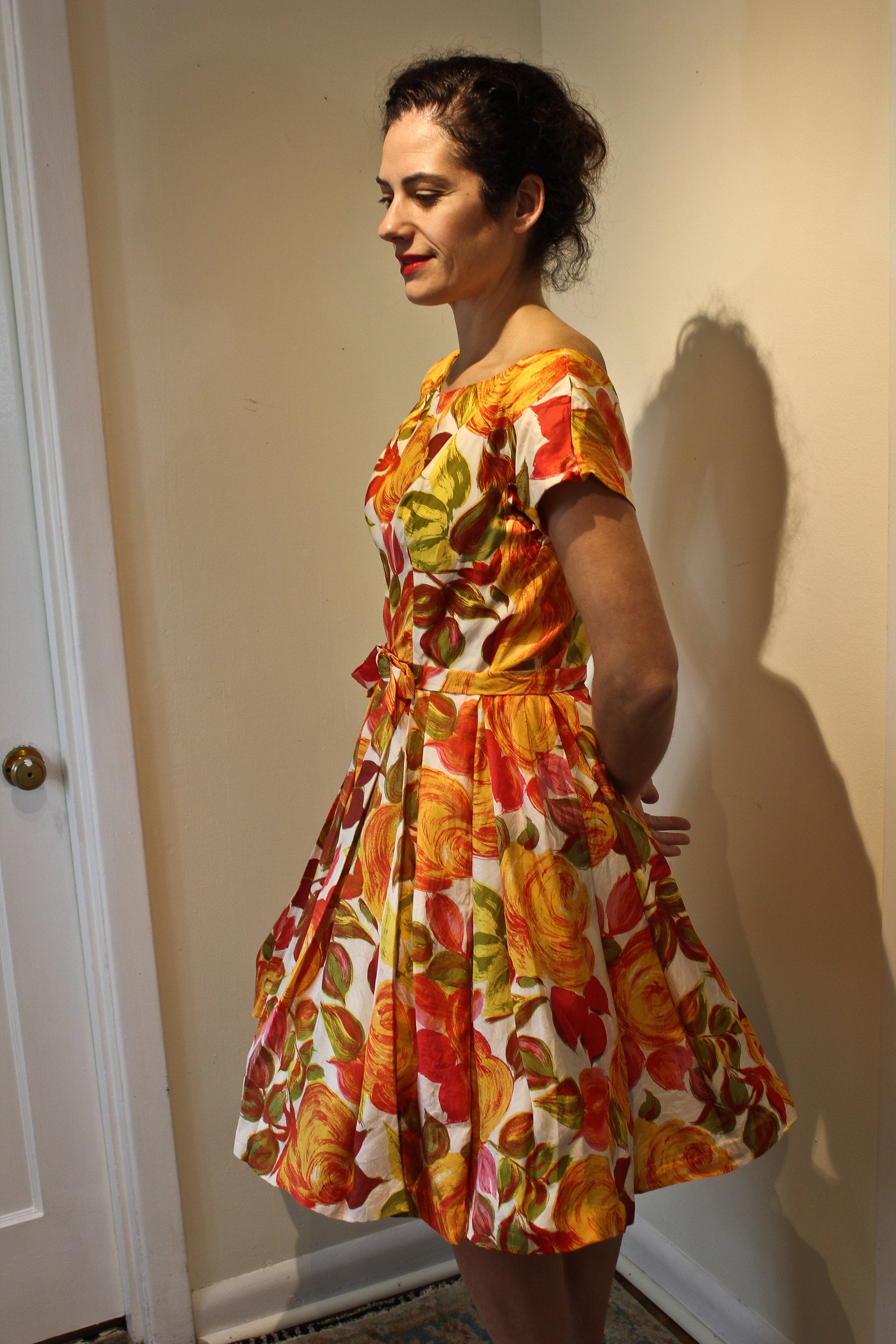 Vintage 50's Silk Autumnal Colored Rose Detailed Dress by Suzy Perette ...