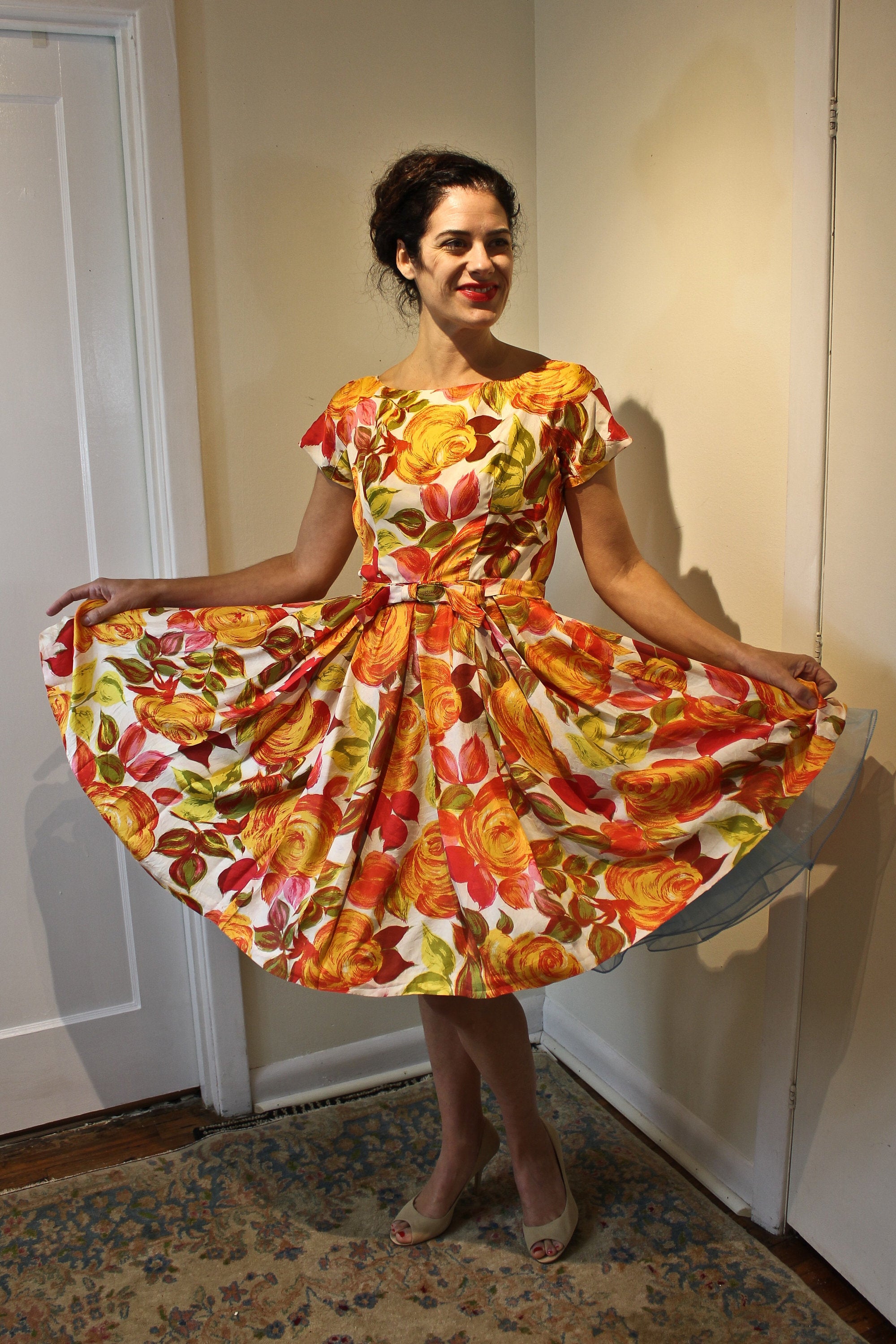 Vintage 50's Silk Autumnal Colored Rose Detailed Dress by Suzy Perette ...