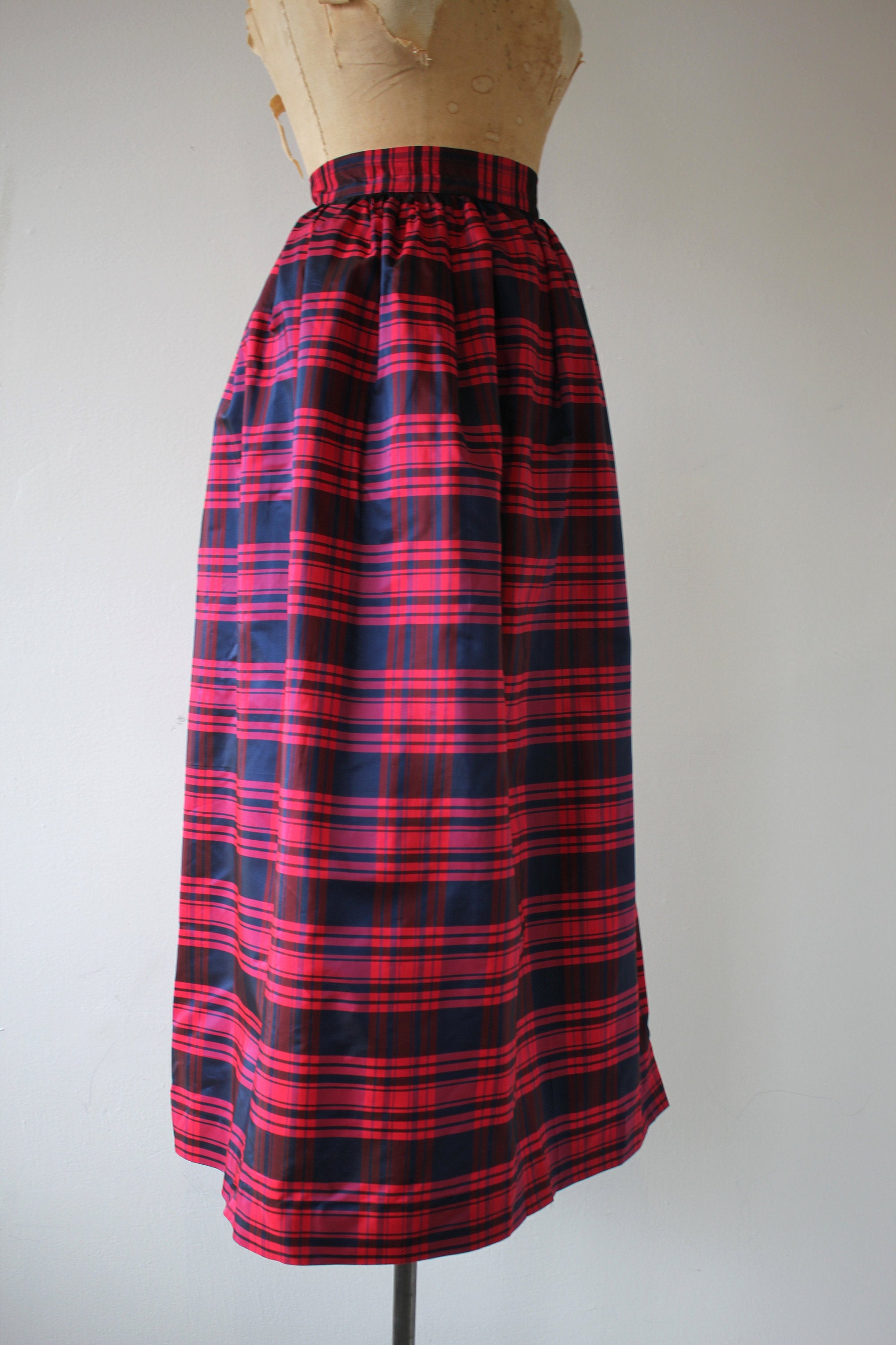 Vintage 60's Red and Blue Plaid Satin Maxi Skirt | Shop THRILLING