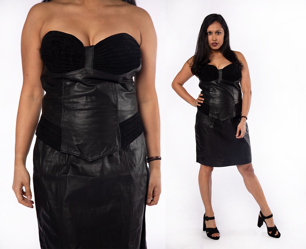 Vintage 80s Leather Bustier and Skirt Set Black Suede Pleat Strapless ...
