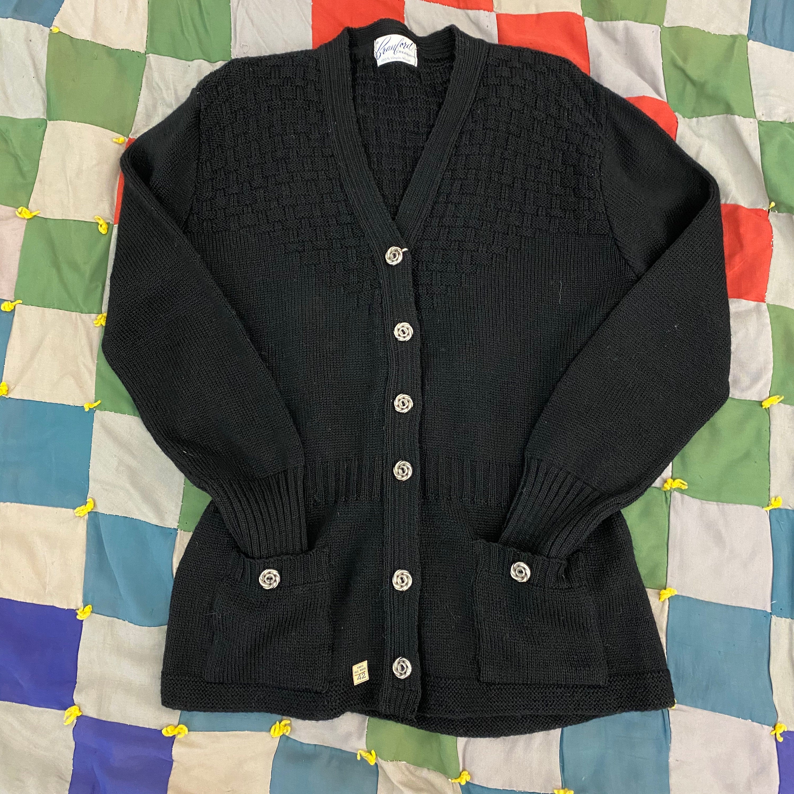 Vintage 40’s Cinched Waist Black Woven Button Up Cardigan by A Branford ...