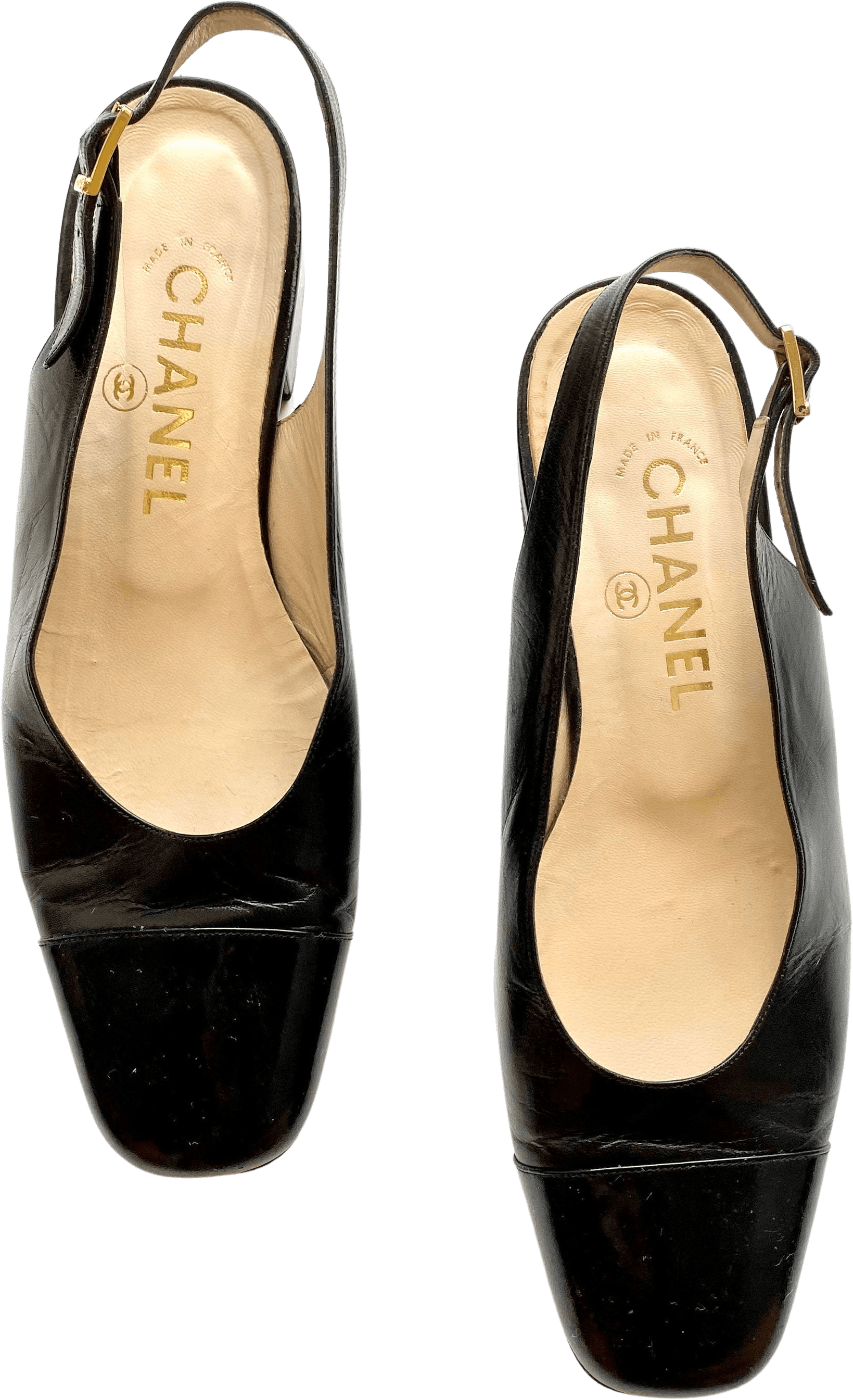 Vintage Chanel Slingback Black Mule Gold Buckle Square Heels