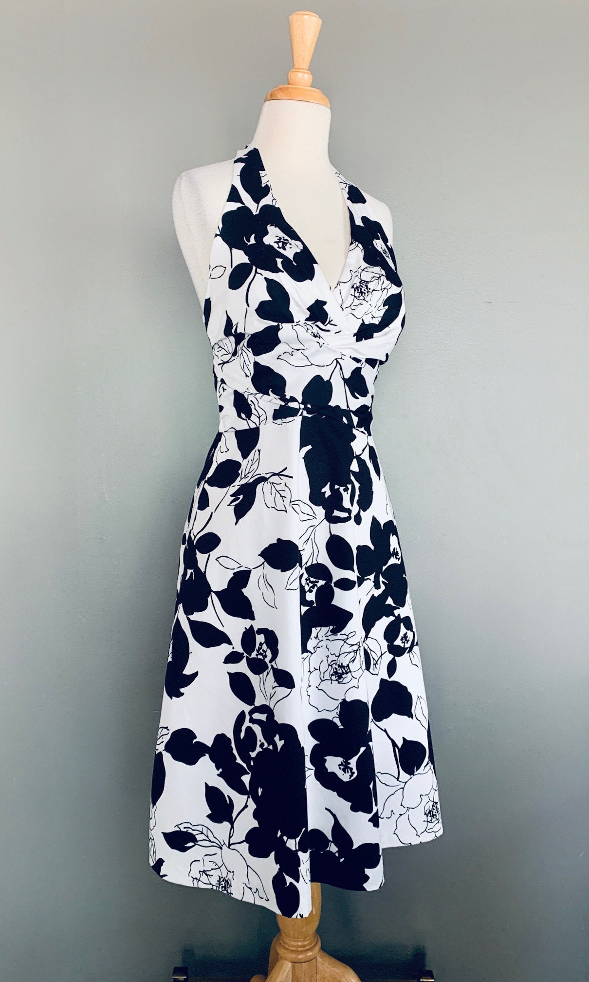 Vintage 80’s Does 50's Black and White Floral Halter Dress | Shop THRILLING