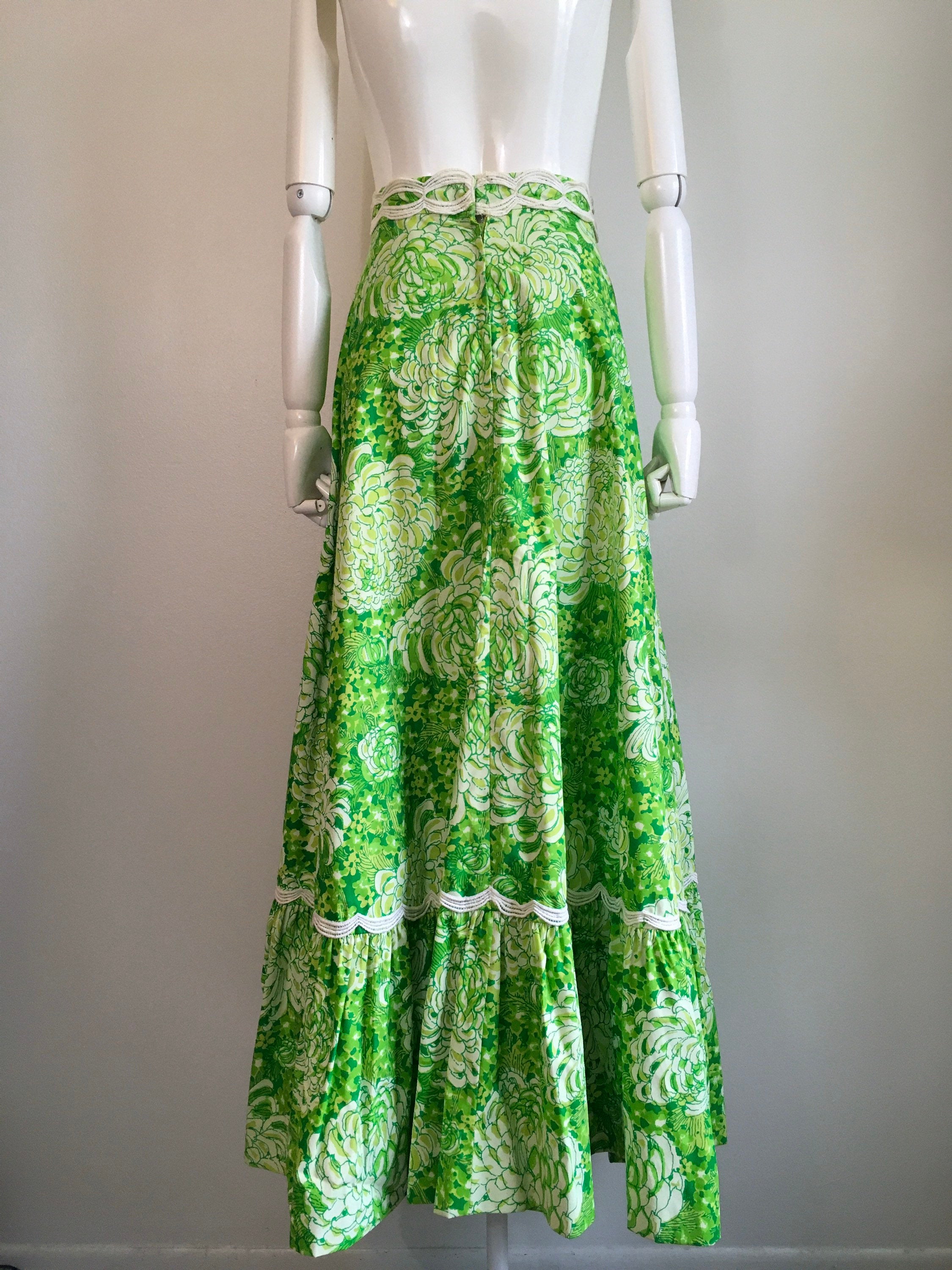 Vintage 60's Green Chrysanthemum Maxi Skirt with Lace Trim by Lilly ...