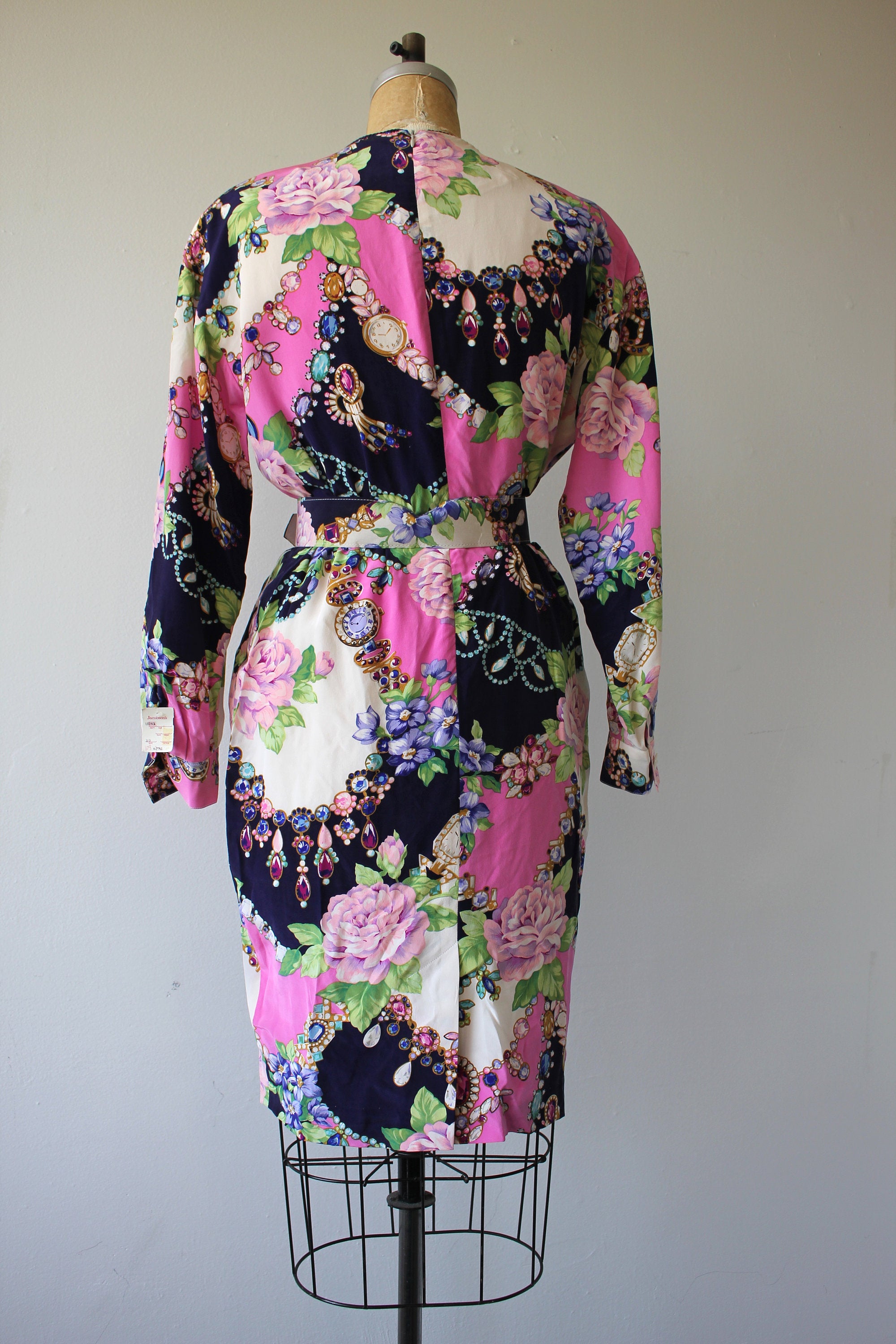 Vintage 80's Silk Floral and Chevron Printed Dress with Matching Belt ...