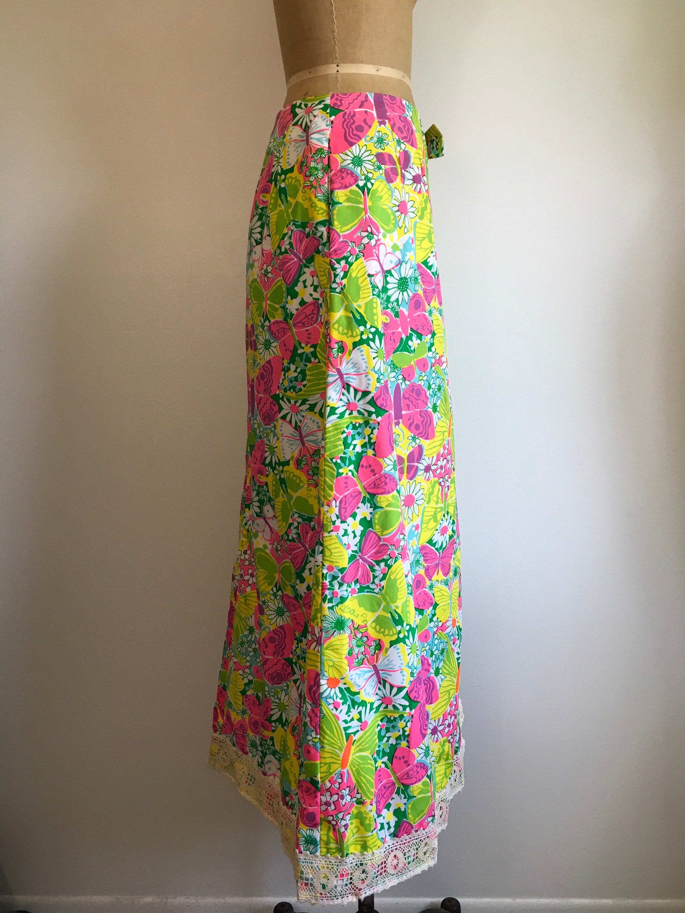 Vintage 60's Brightly Colored Floral and Butterfly Maxi Skirt by The ...