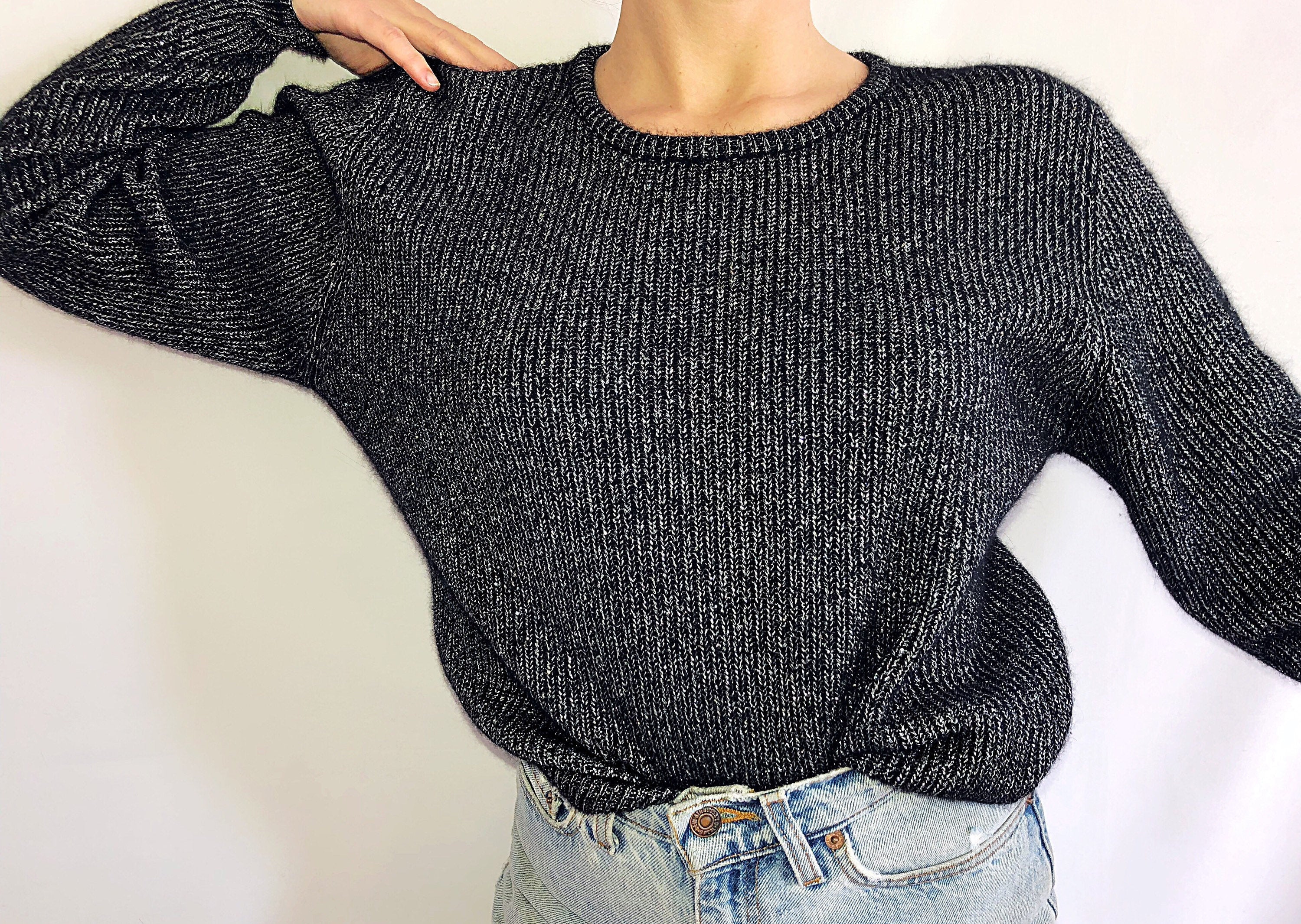 Vintage 80’s Metallic Black and Silver Ribbed Chunky Knit Angora Rabbit ...