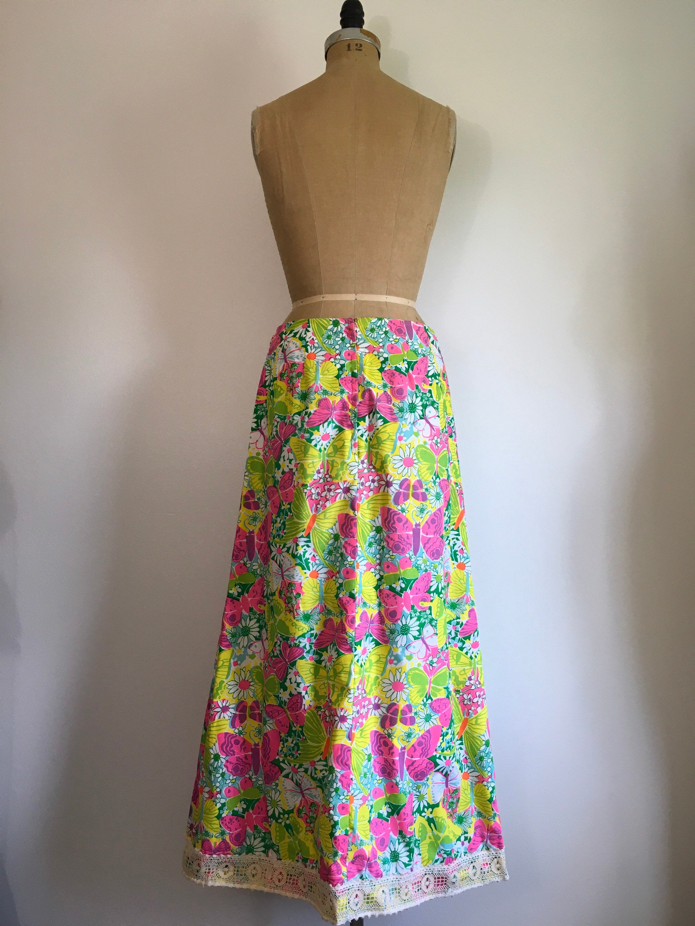 Vintage 60's Brightly Colored Floral and Butterfly Maxi Skirt by The ...
