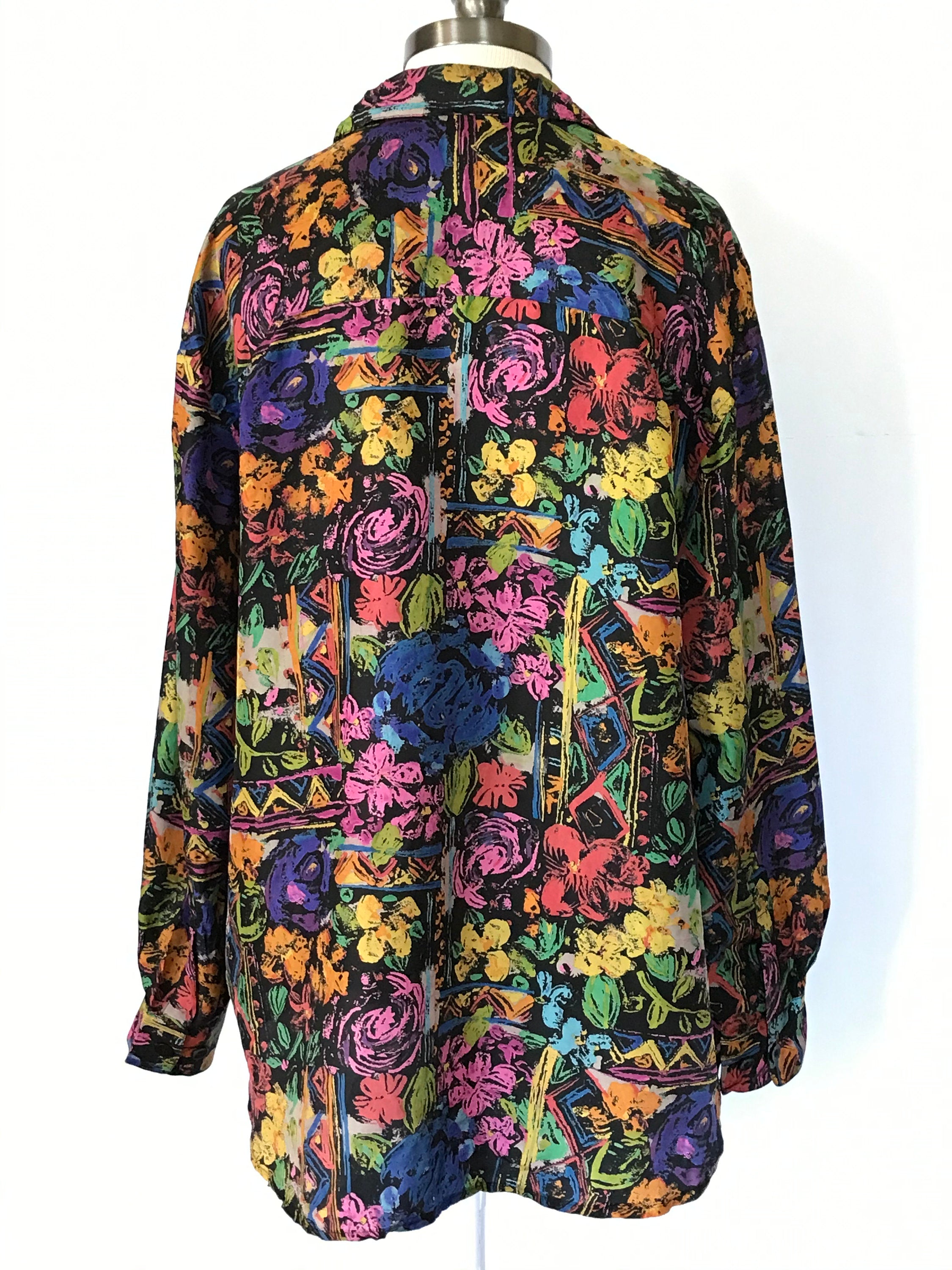 Vintage 80's/90's Multicolor Painted Floral Design Long Sleeve Button ...
