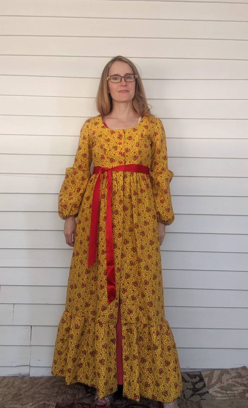 Vintage Yellow Floral Print Robe Maxi Mod Quilted Bishop Sleeve | Shop ...