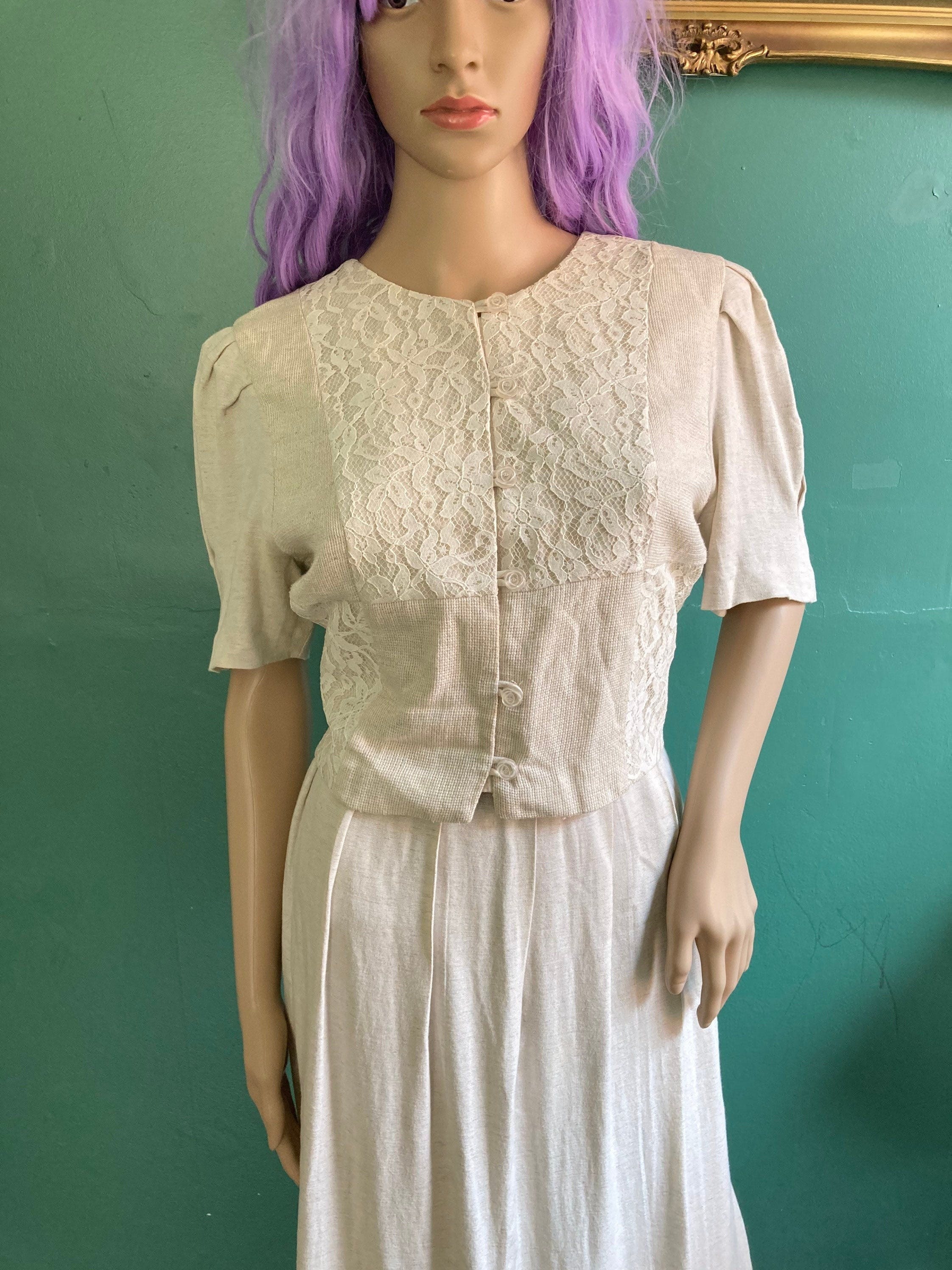 Vintage Cottagecore 90’s Cream Linen Blend Tie Back Midi Dress Shop THRILLING