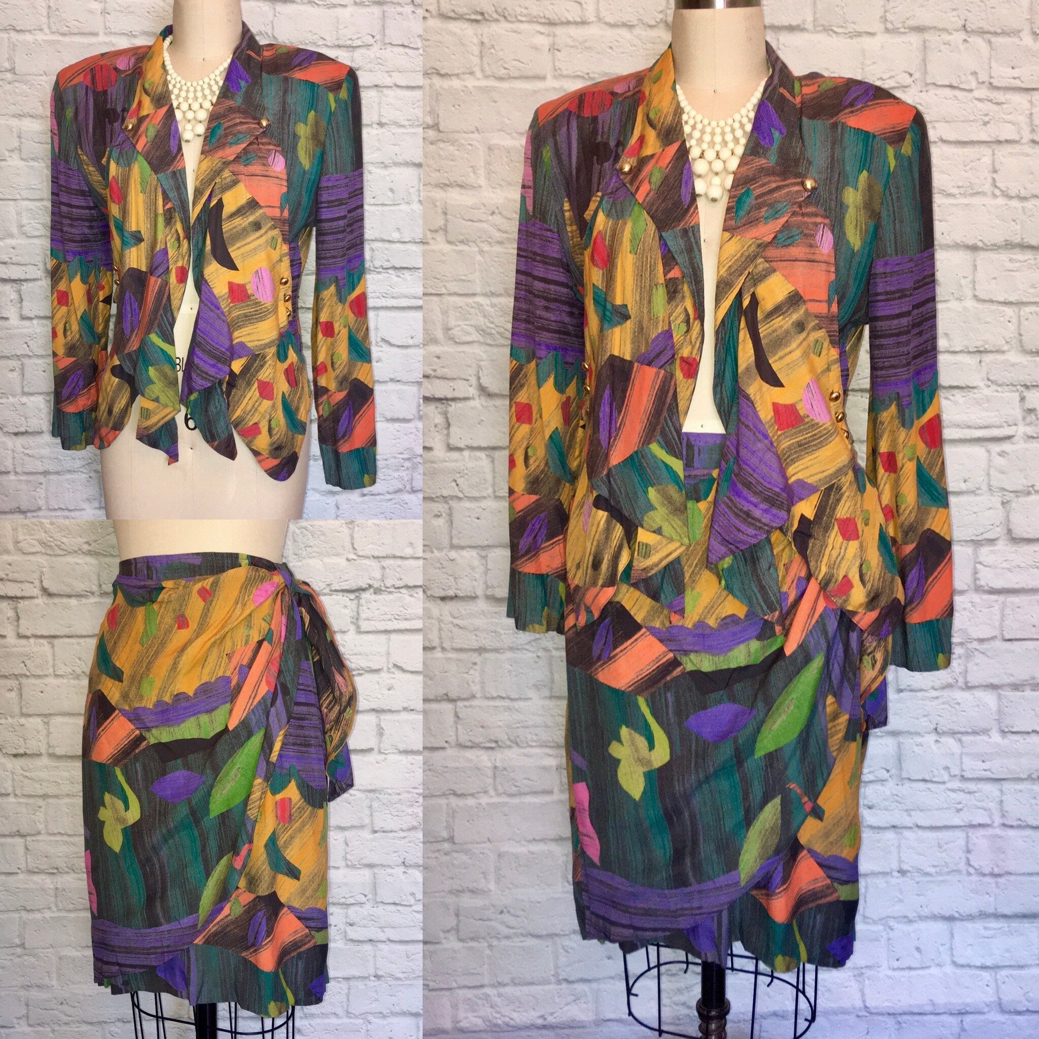 Vintage 90’s Multicolor Novelty Print Blazer and Skirt Suit 2pc by ...