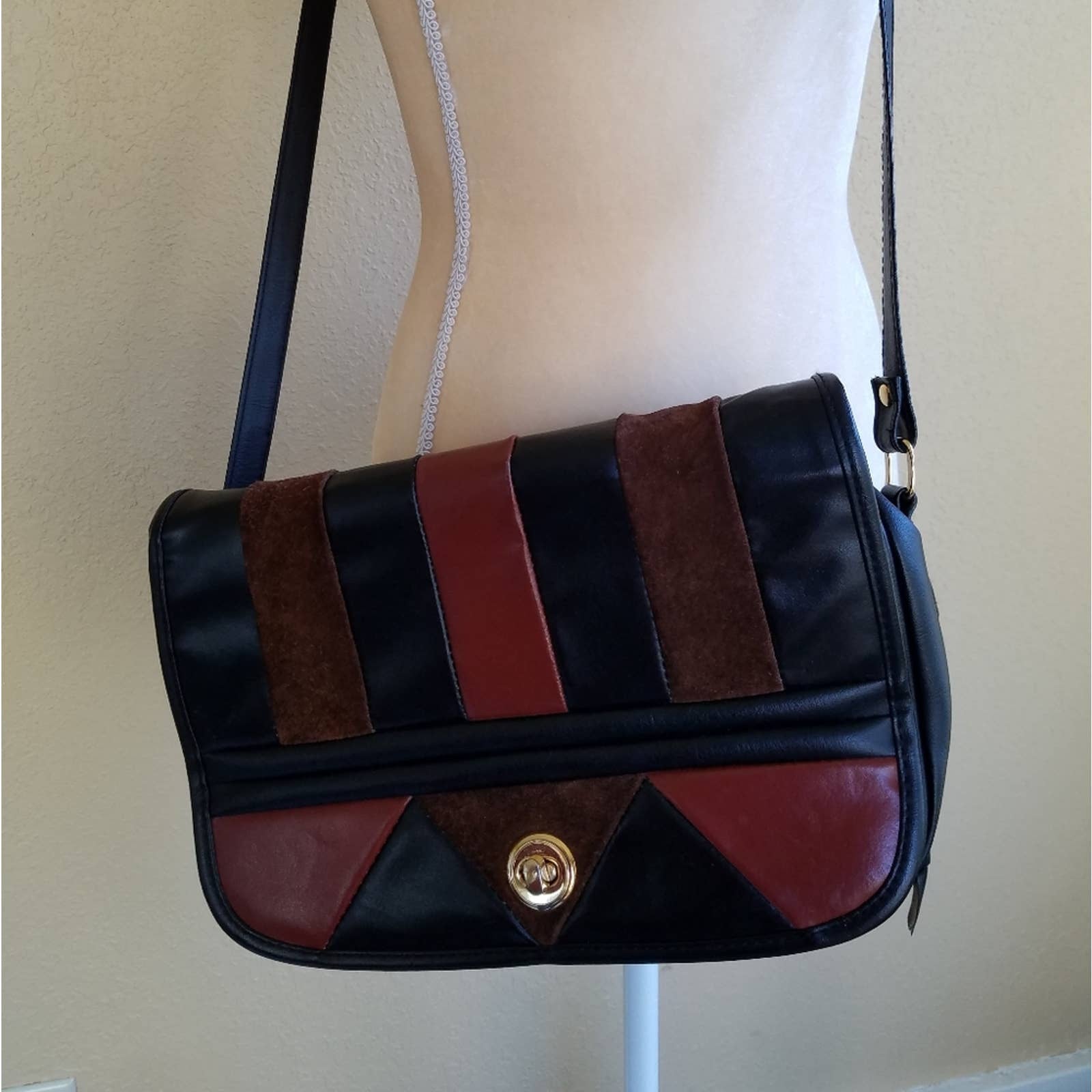 Vintage 90’s Black and Brown Leather Patchwork Crossbody Bag Shop