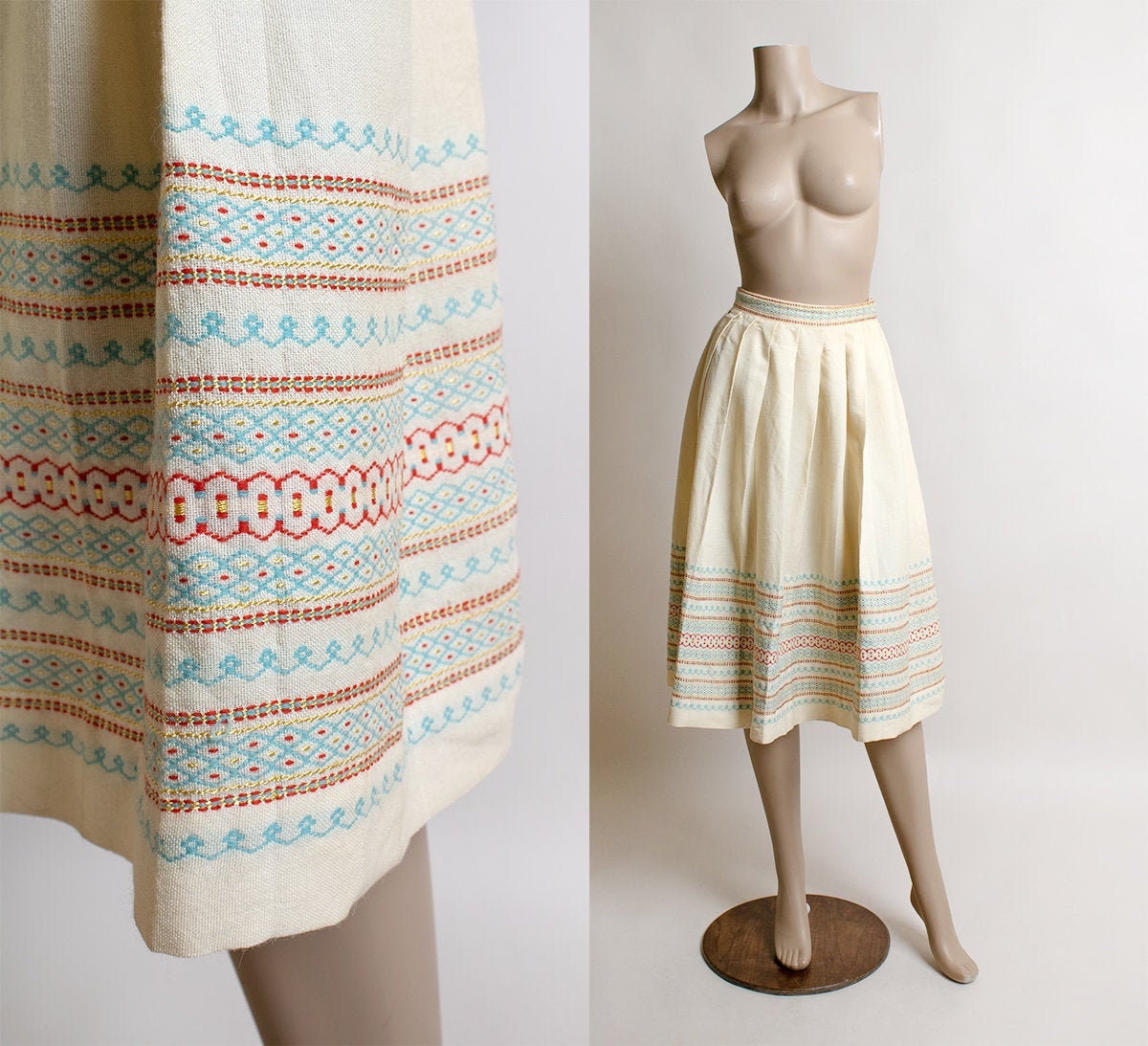Vintage Embroidered Wool Skirt 50s 60s Knife Pleat Guatemalan Style Fo ...
