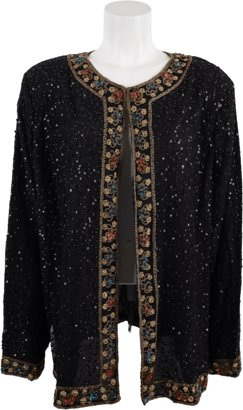 Vintage Black Sequin Open Front Jacket by Brownstone Studio New York