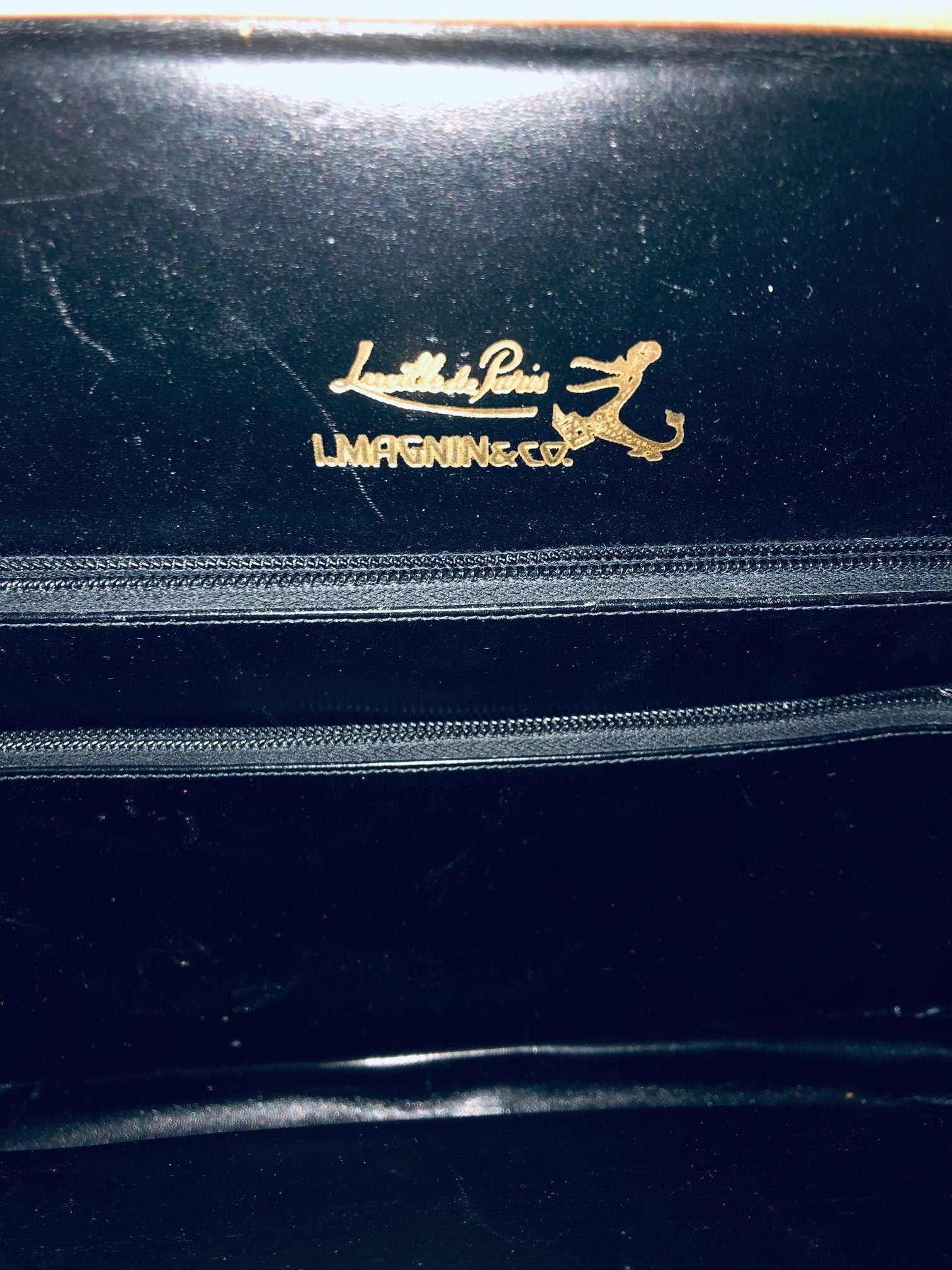 Sac Vintage Magnin And Co En Lézard Noir (années 50) - Fermoir Laiton - Taille Moyen
