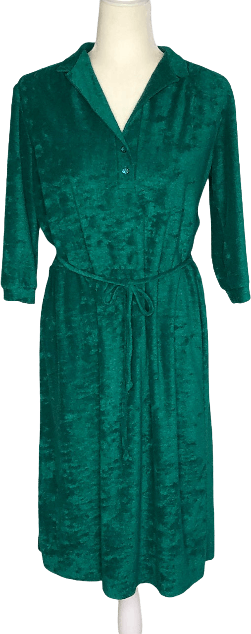 Vintage 70’s Terry Cloth Belted Shirt Dress Emerald Green by Nikki Shop THRILLING