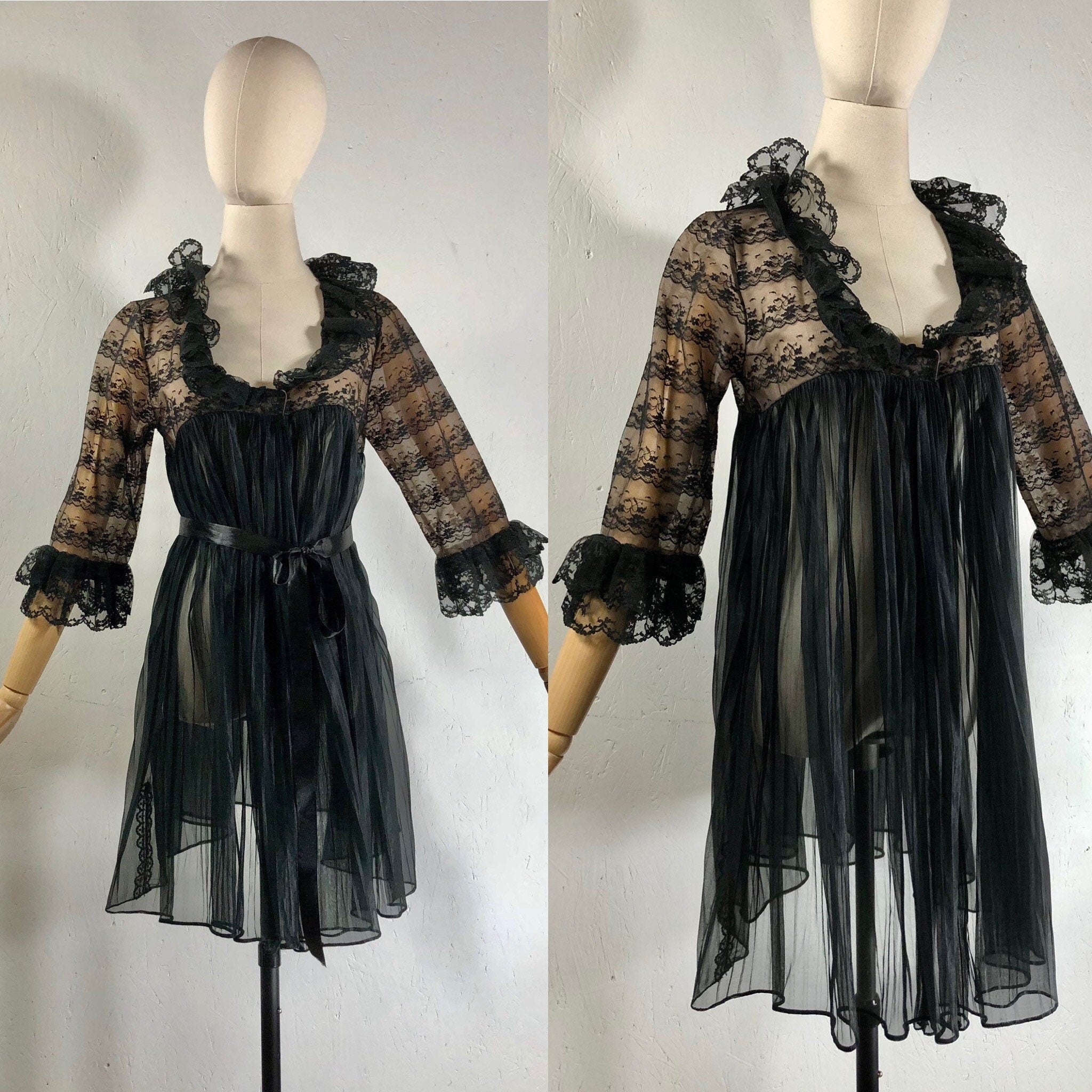 Fancy 50 Robe Vintage 50’s Robe / Black Short Sheer Babydoll Ruffled Robe by Eyeful ...