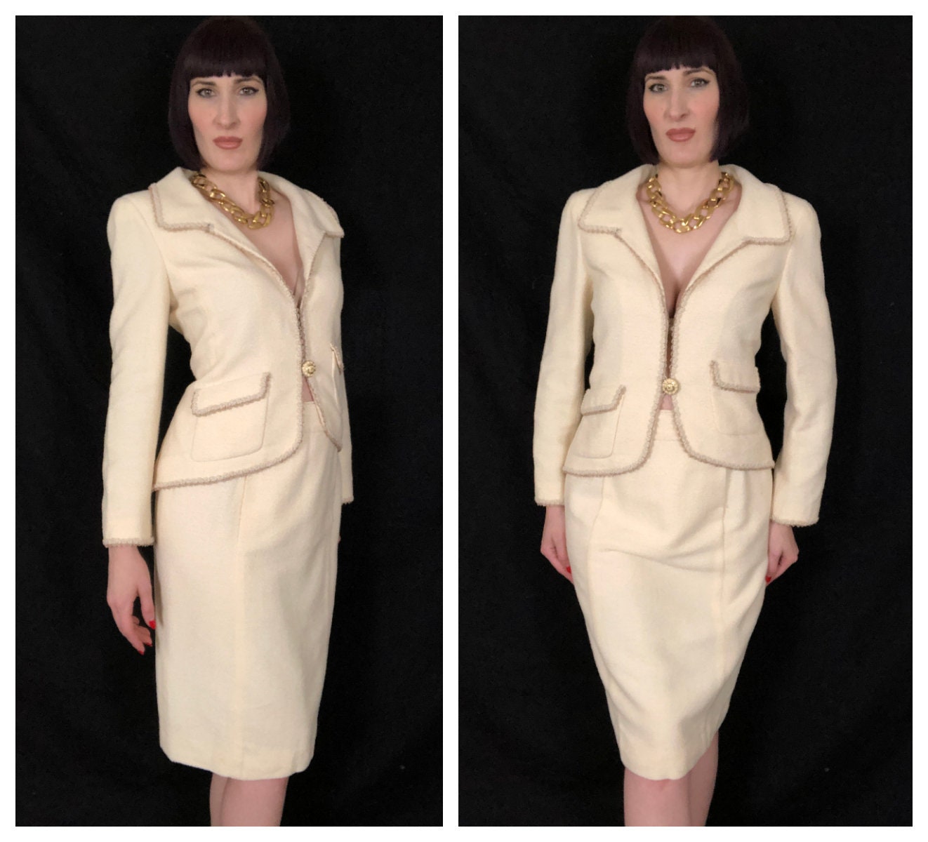 Vintage Chanel 90s 00s Ivory Wool Boucle Knit Tweed Jacket and Skirt S |  Shop THRILLING